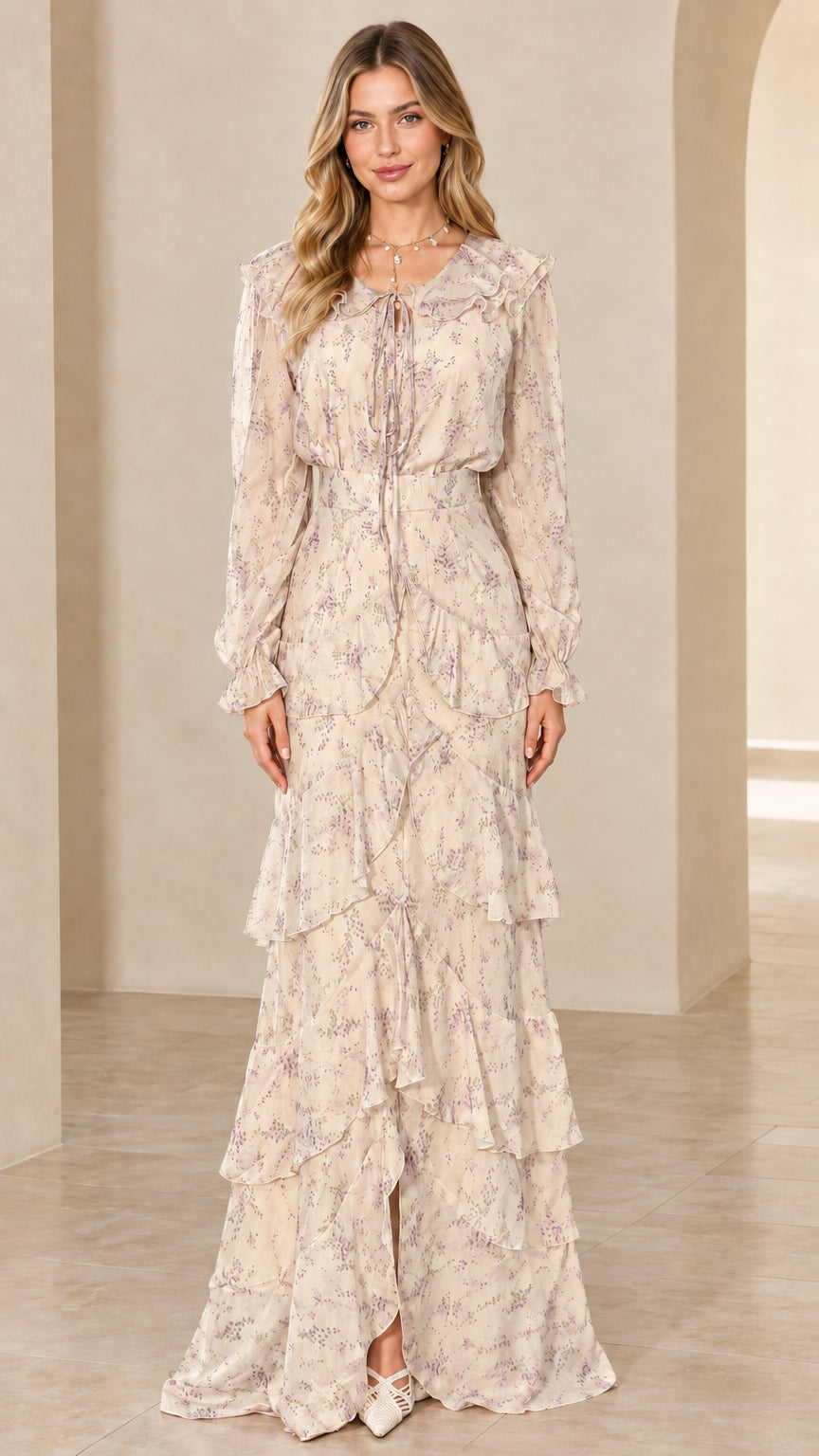 Front view of long sleeve tiered floral maxi dress in cream