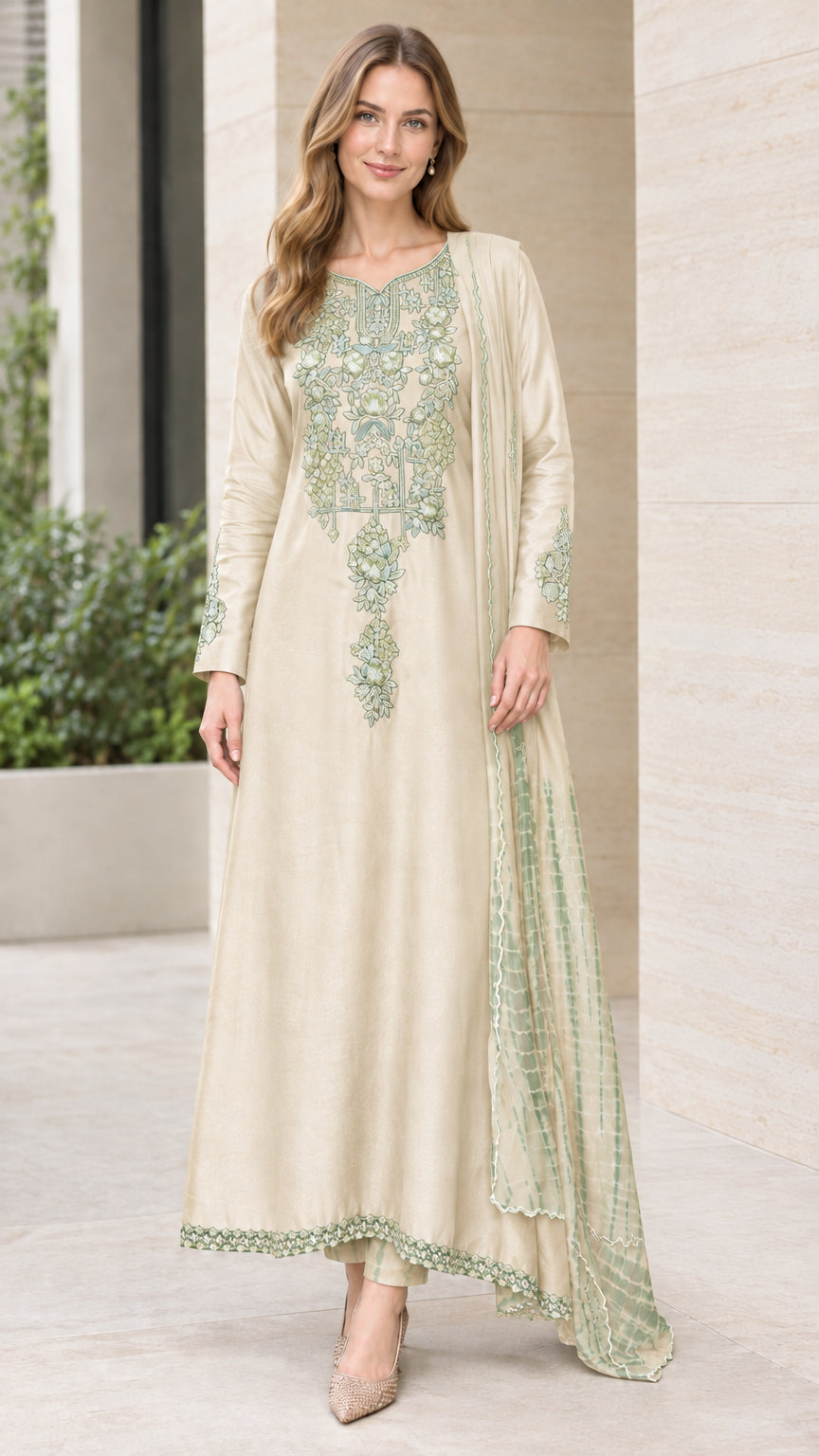Front view of woman wearing Cream beige floral embroidered kurta set with dupatta