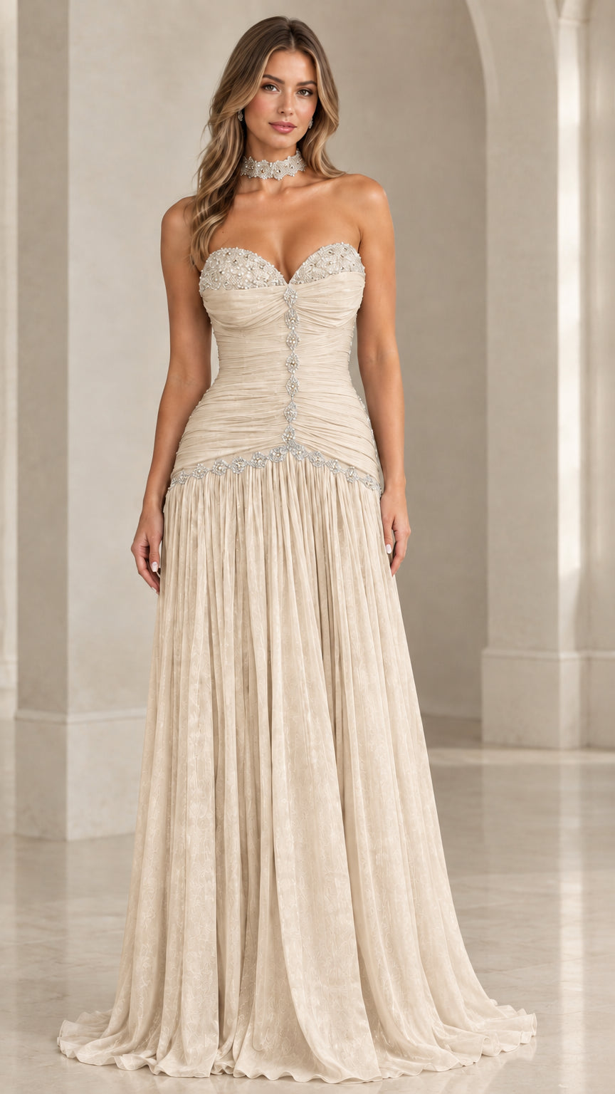 Champagne beige strapless ruched formal maxi gown with beadwork