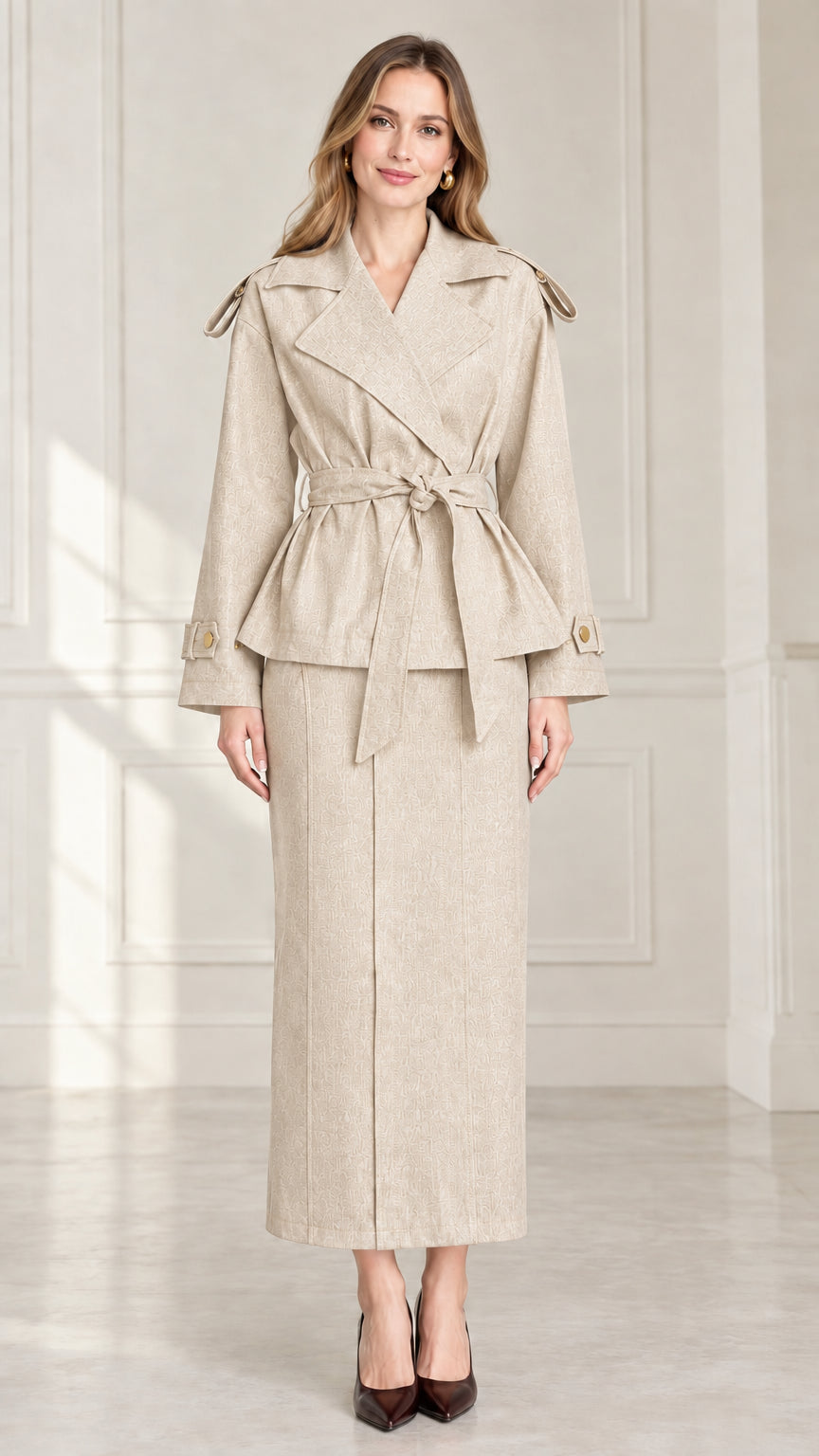 Front full-length view of women's beige oatmeal belted jacket and column skirt two-piece set