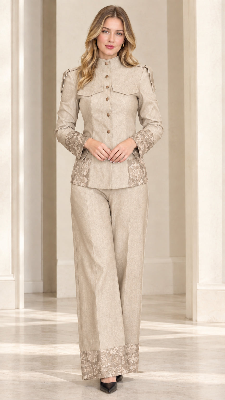 Full front view of beige champagne two-piece jacket and wide-leg trouser suit set with floral jacquard trim