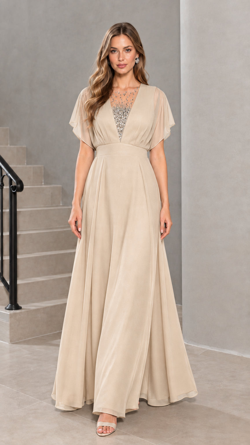 Front view of model wearing champagne beige flutter sleeve chiffon evening gown