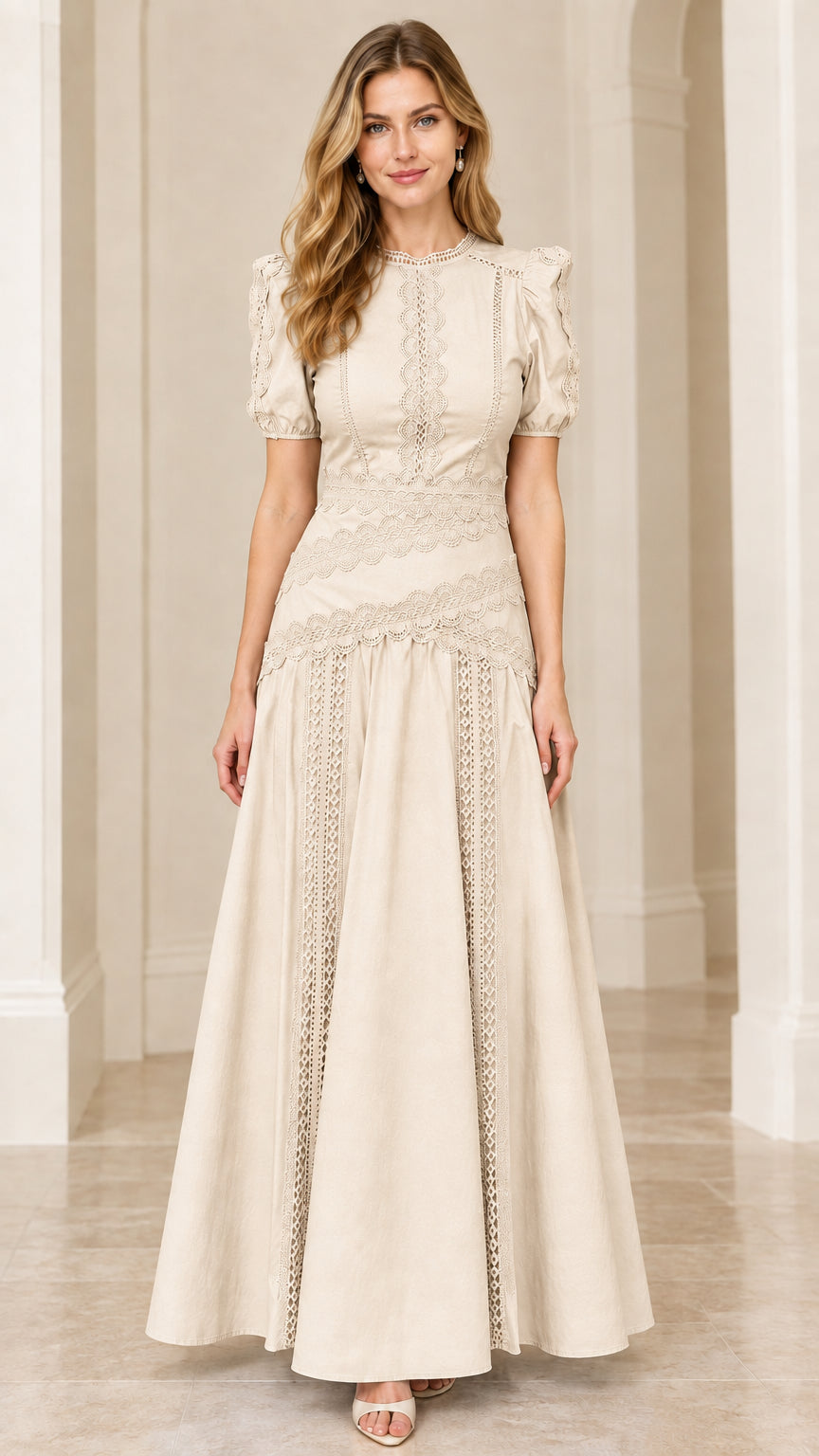 Model wearing Beige champagne puff sleeve lace-accented maxi gown
