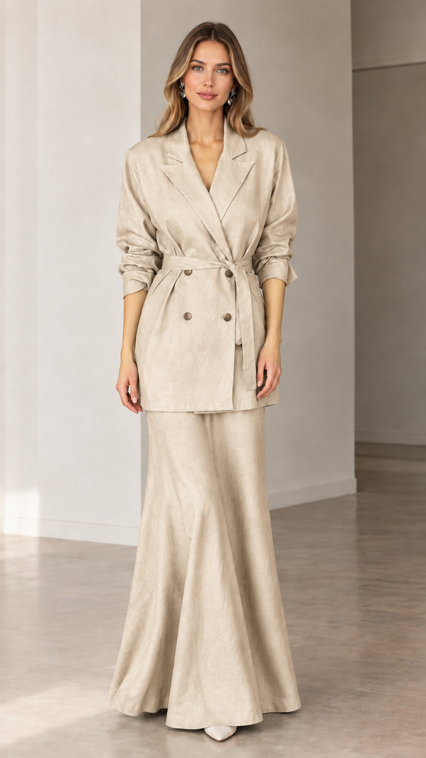 Beige oatmeal double-breasted belted blazer and flared maxi skirt suit set