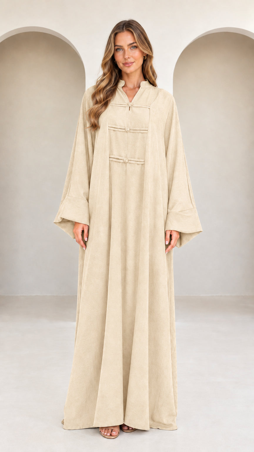 Front view of model wearing beige cream full length kaftan maxi dress
