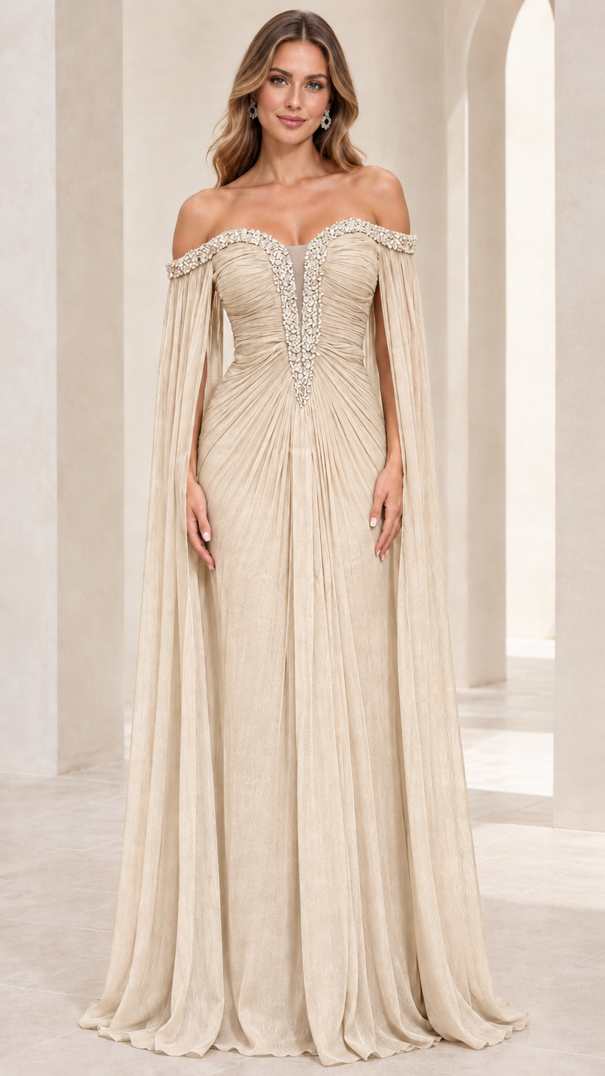 Champagne beige off-the-shoulder ruched formal evening gown