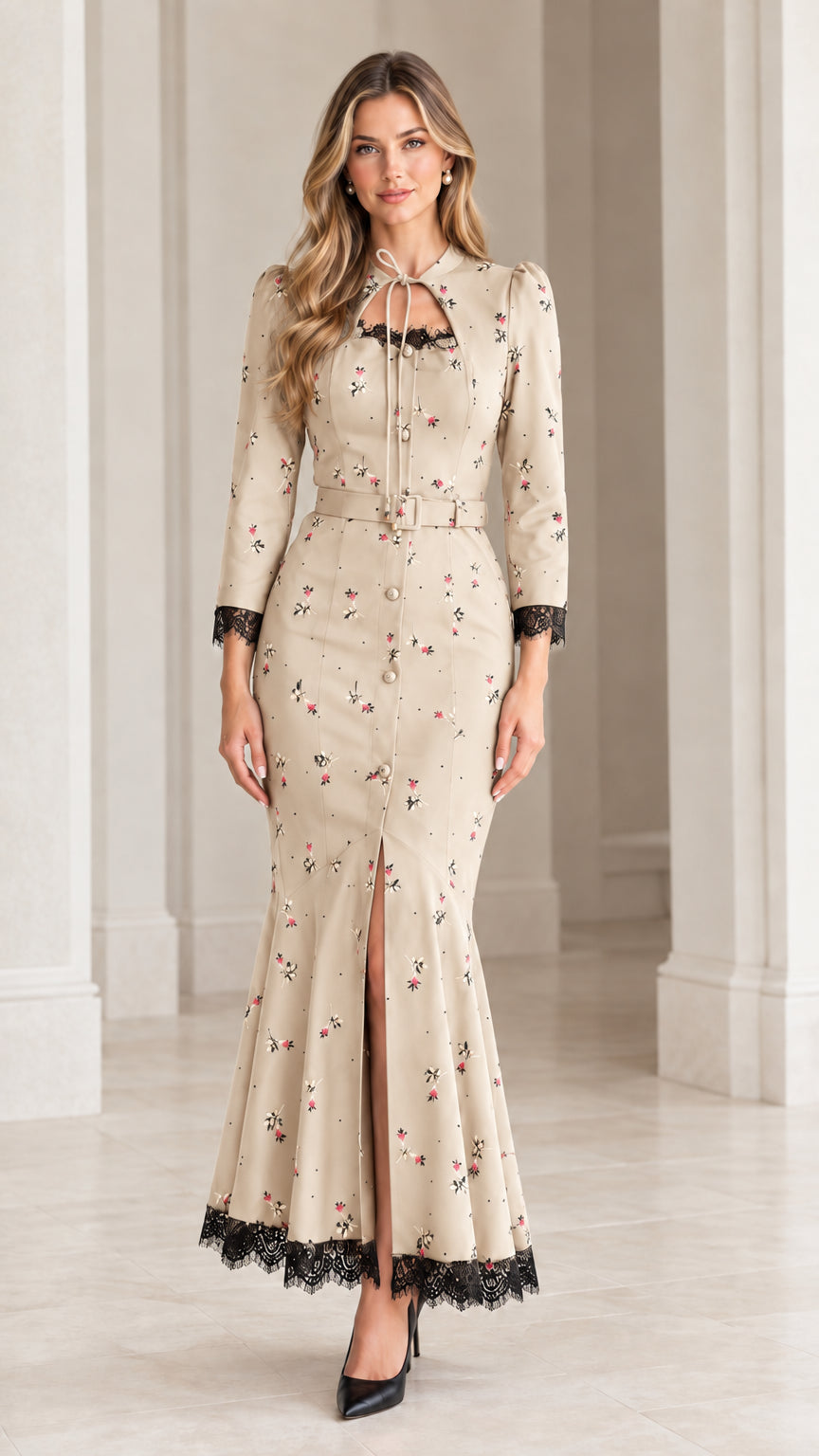 Beige floral trumpet maxi dress featuring contrasting black eyelash lace trim