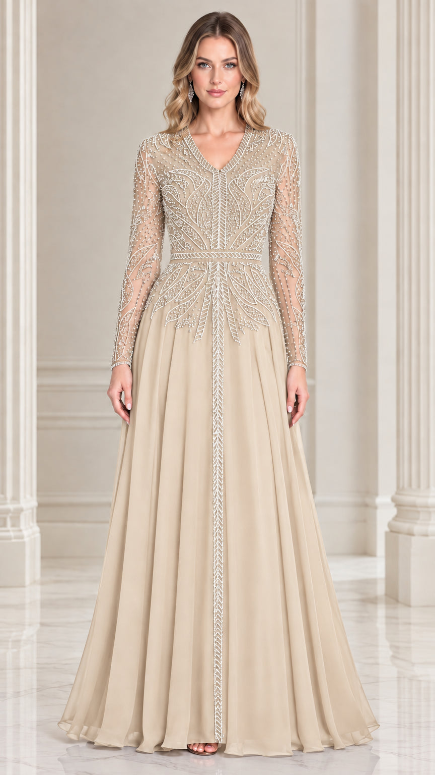 Champagne beige beaded long sleeve V-neck chiffon evening gown