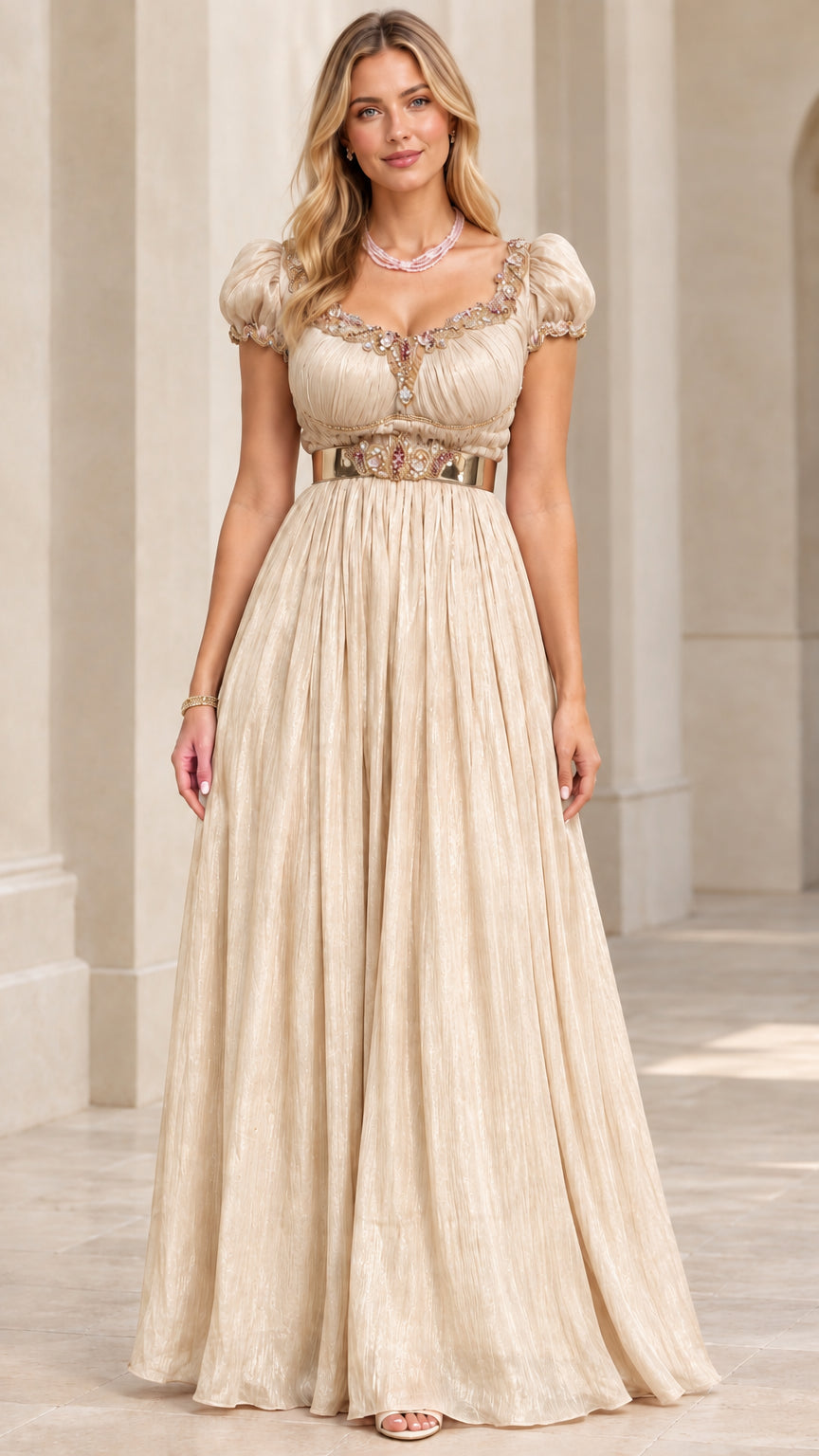 Champagne gold empire waist floor-length evening dress with puff sleeves