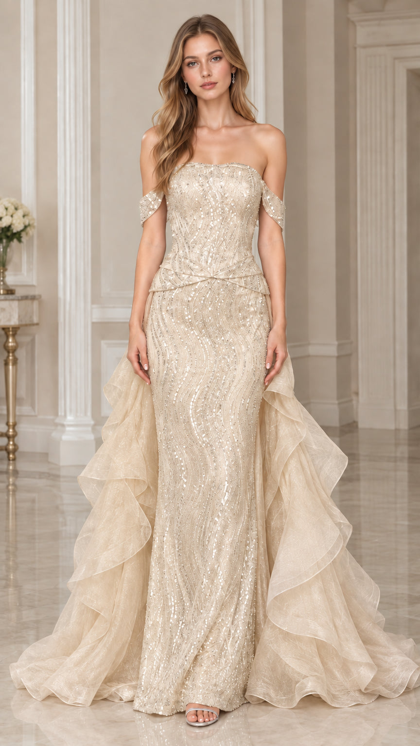 Front view of model wearing Champagne gold sequin mermaid evening dress with cascading train