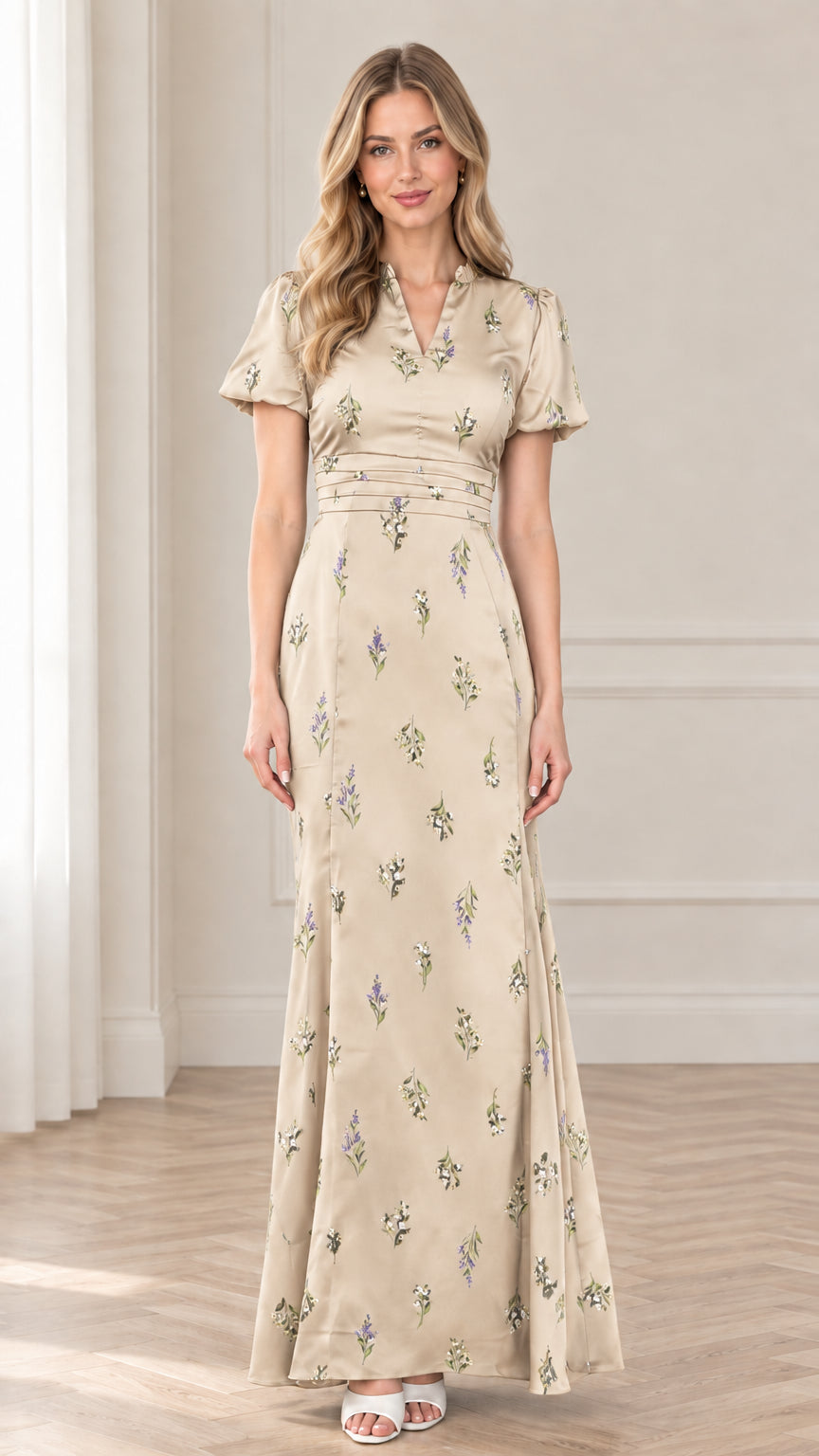 Front view of model wearing champagne beige floral print maxi dress