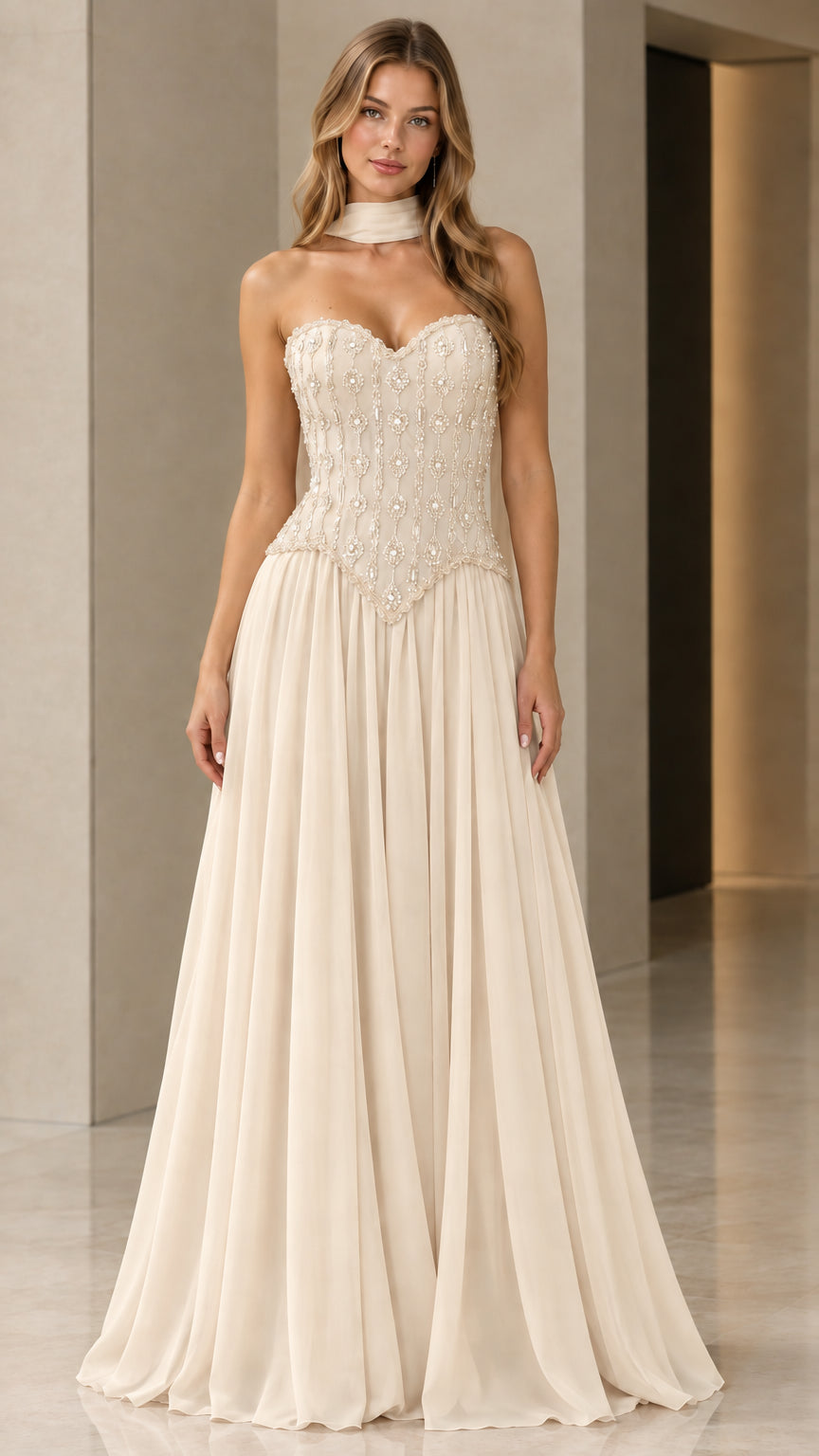 Front view of champagne ivory embellished sweetheart prom dress