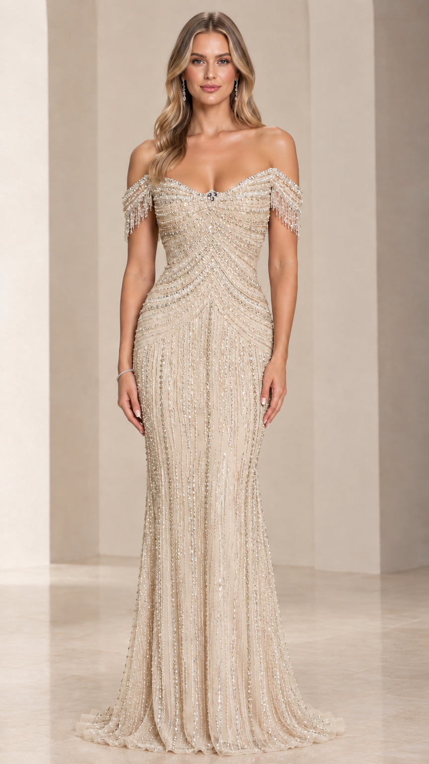 Champagne gold off-the-shoulder sequin beaded mermaid gala dress