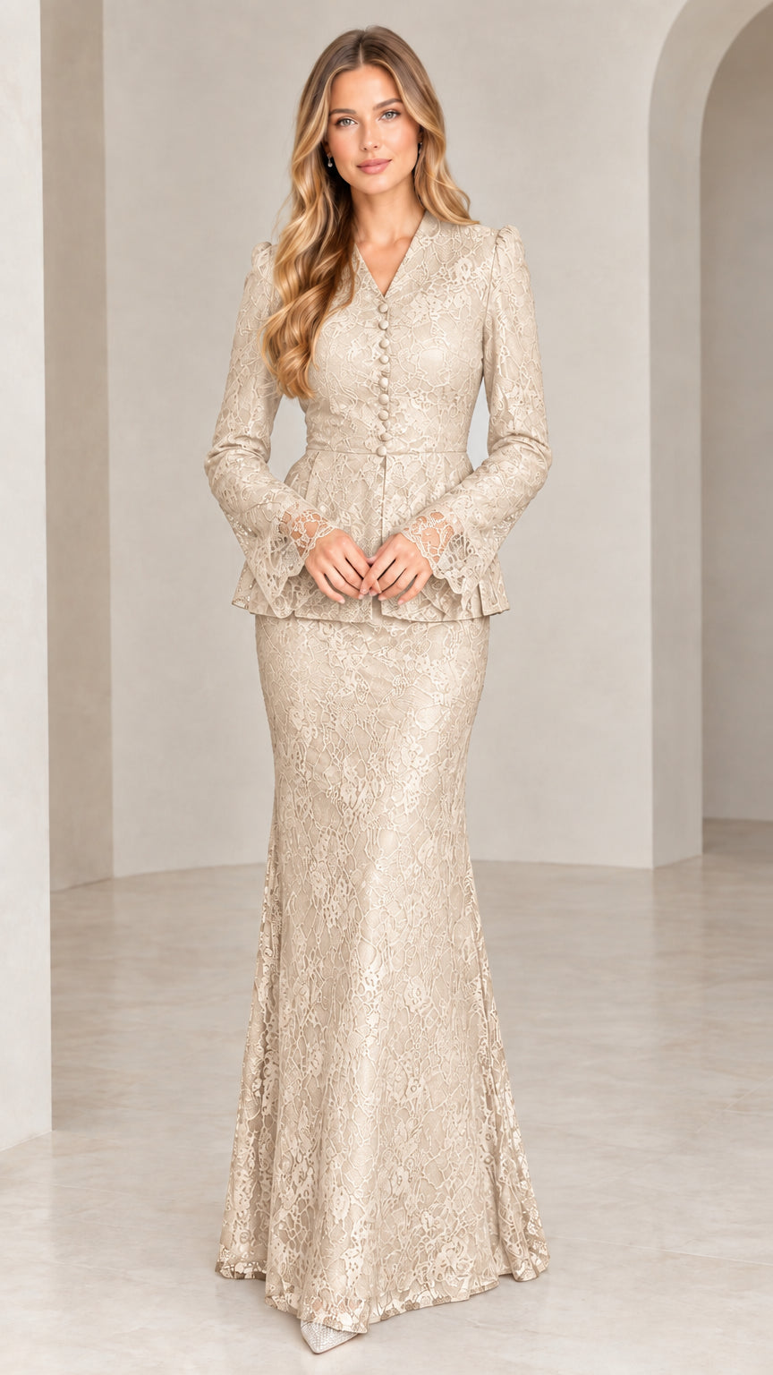 Champagne gold floral lace long sleeve peplum top and matching maxi skirt set