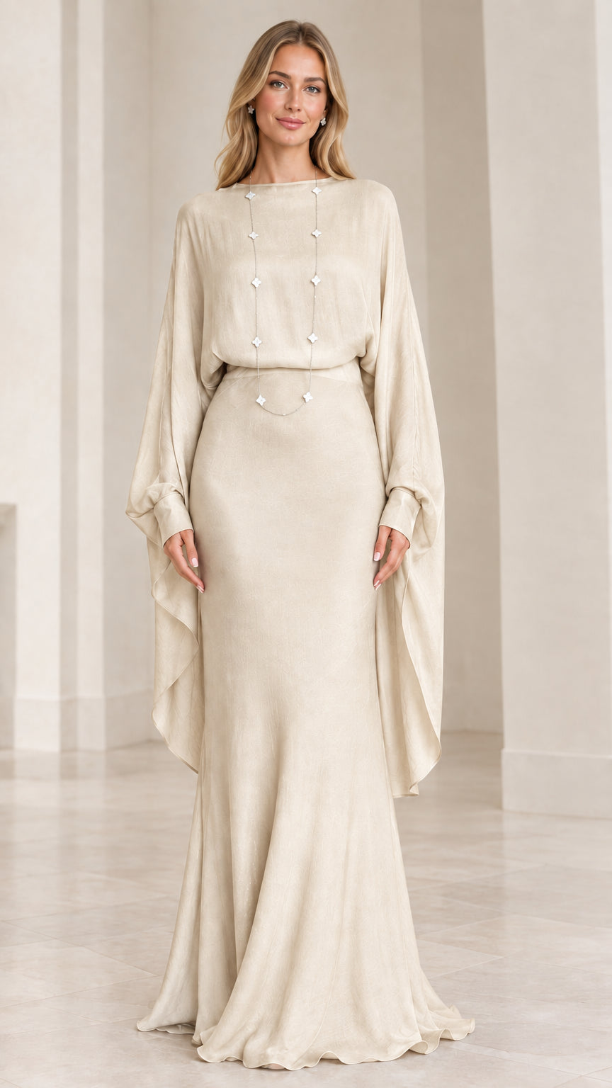 Front view of model wearing champagne cream draped cape-sleeve maxi evening dress