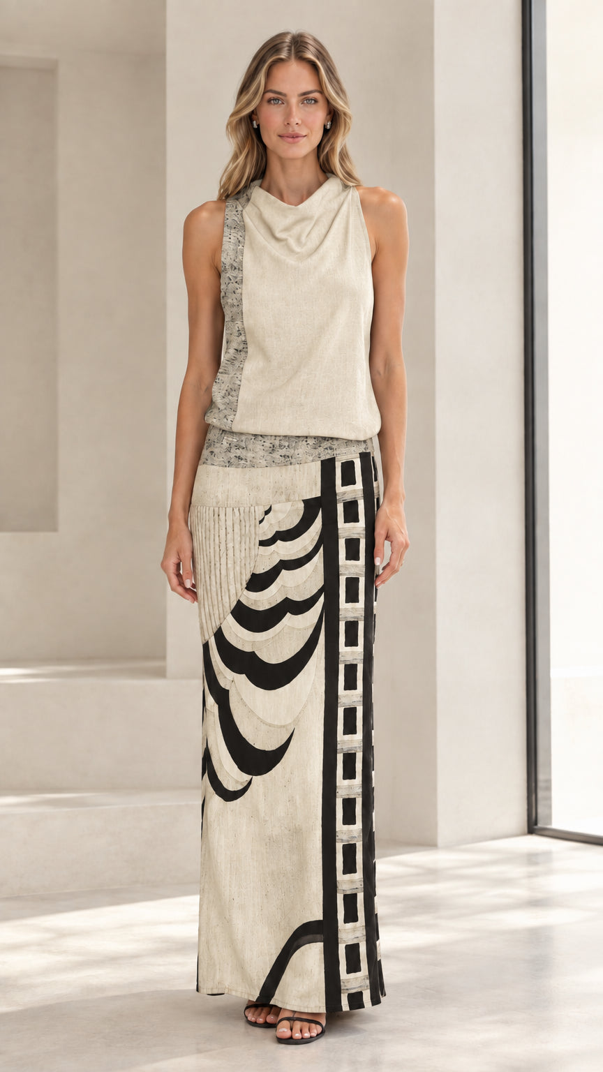 Front full-length view of model wearing beige cream sleeveless cowl neck abstract maxi dress