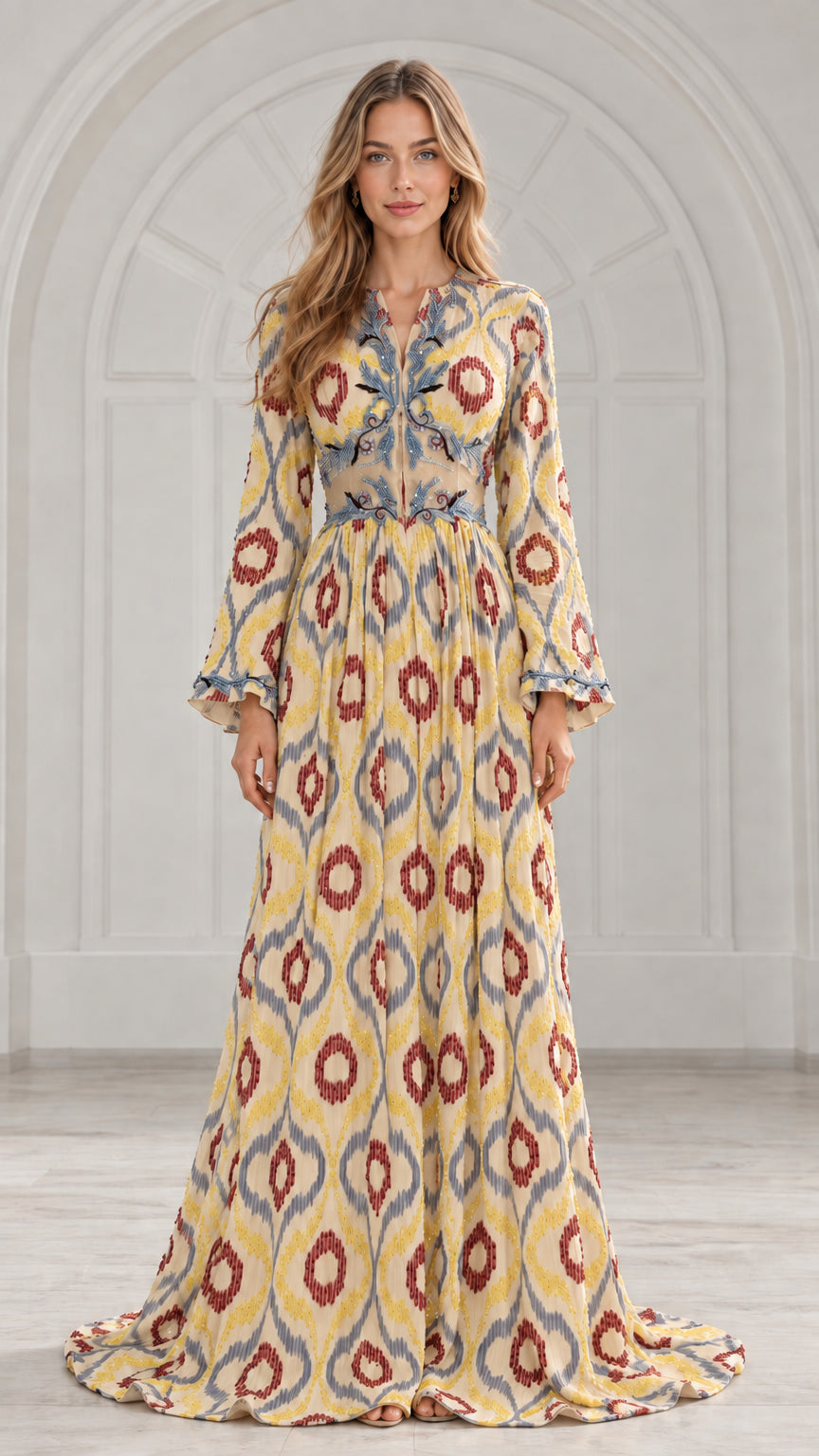 Full front view of yellow ikat print embroidered evening maxi dress