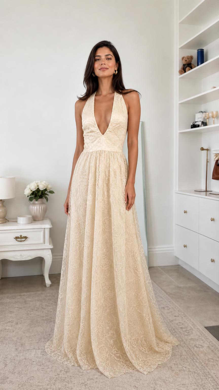 Front view of champagne lace halter neck evening dress