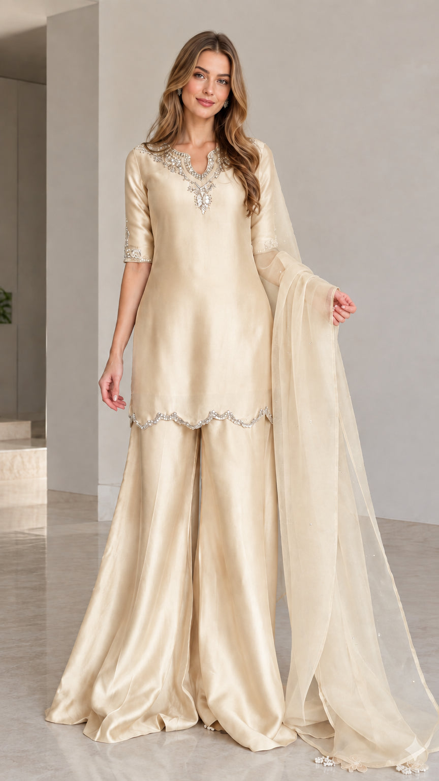 Model wearing champagne gold embellished kurta sharara 3-piece set with matching dupatta