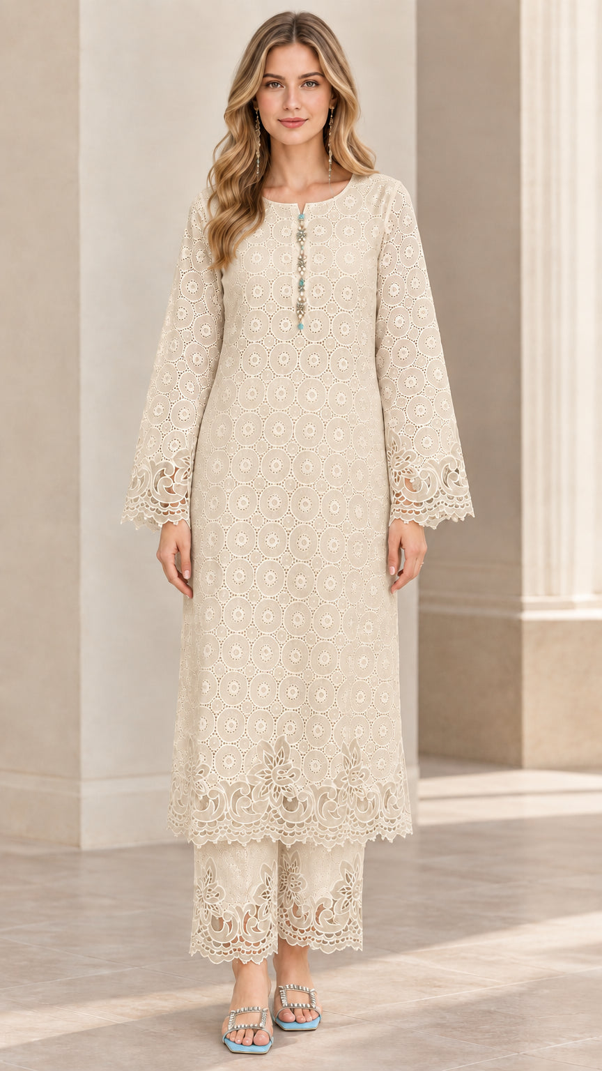 Front view of woman wearing cream beige eyelet embroidered long tunic and pants set