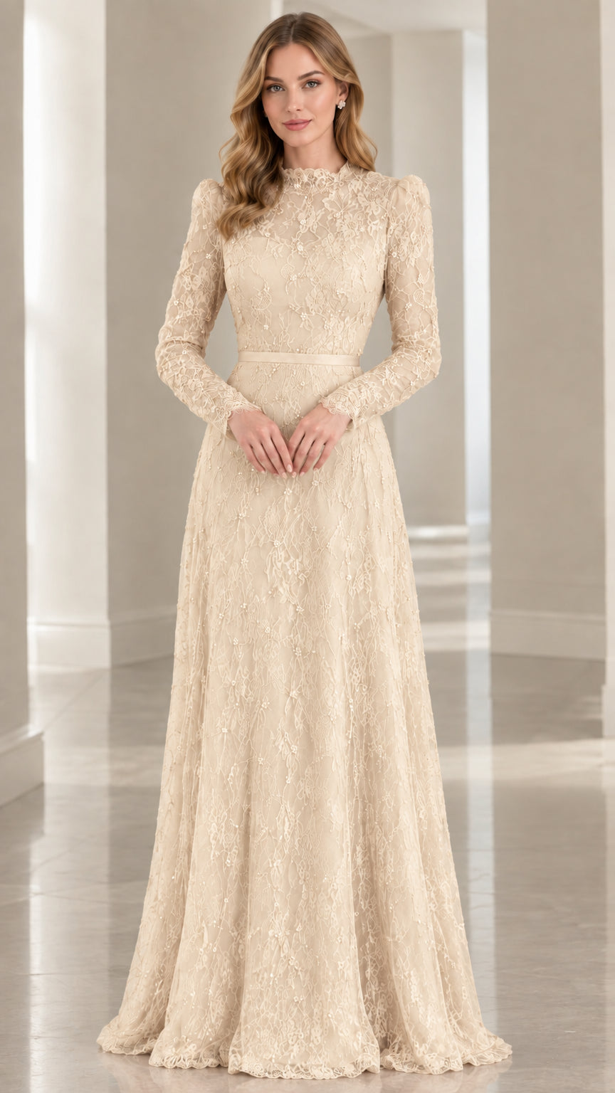 Model wearing champagne cream long-sleeve formal lace maxi dress