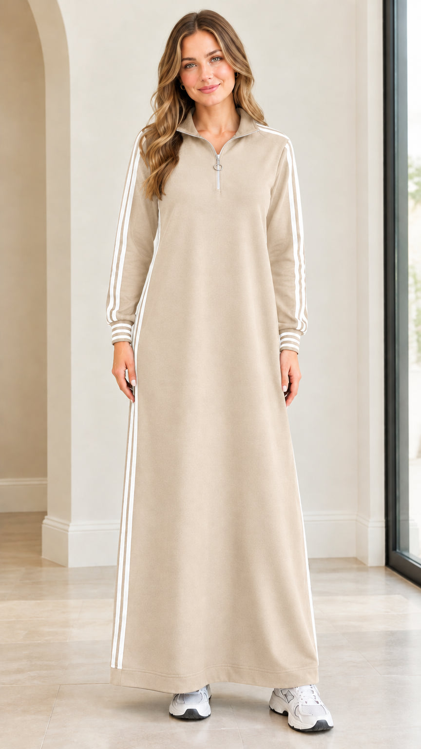 Front view of beige long sleeve half-zip maxi dress with side stripes