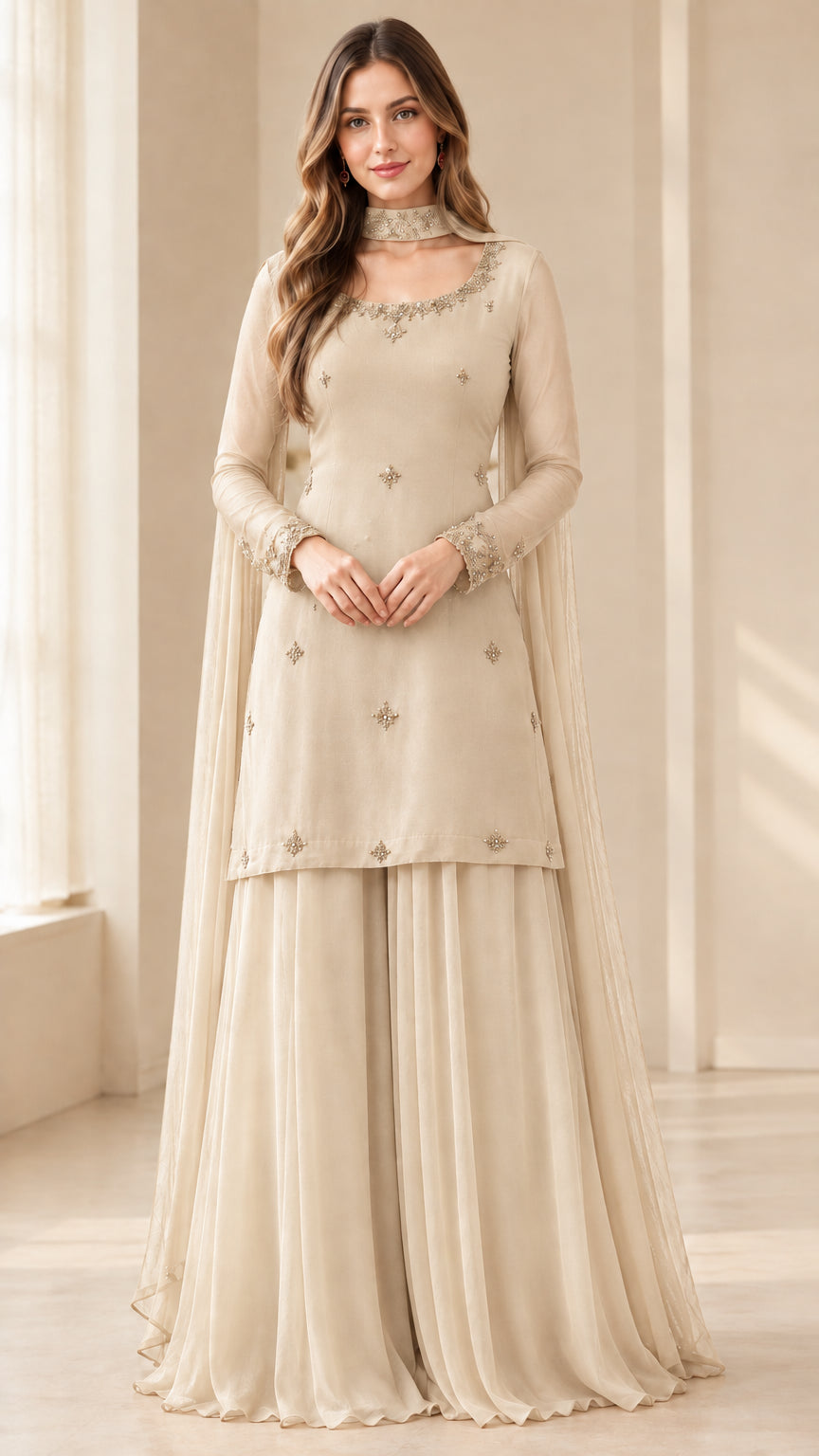 Front full-length view of woman in champagne beige embellished sharara suit set