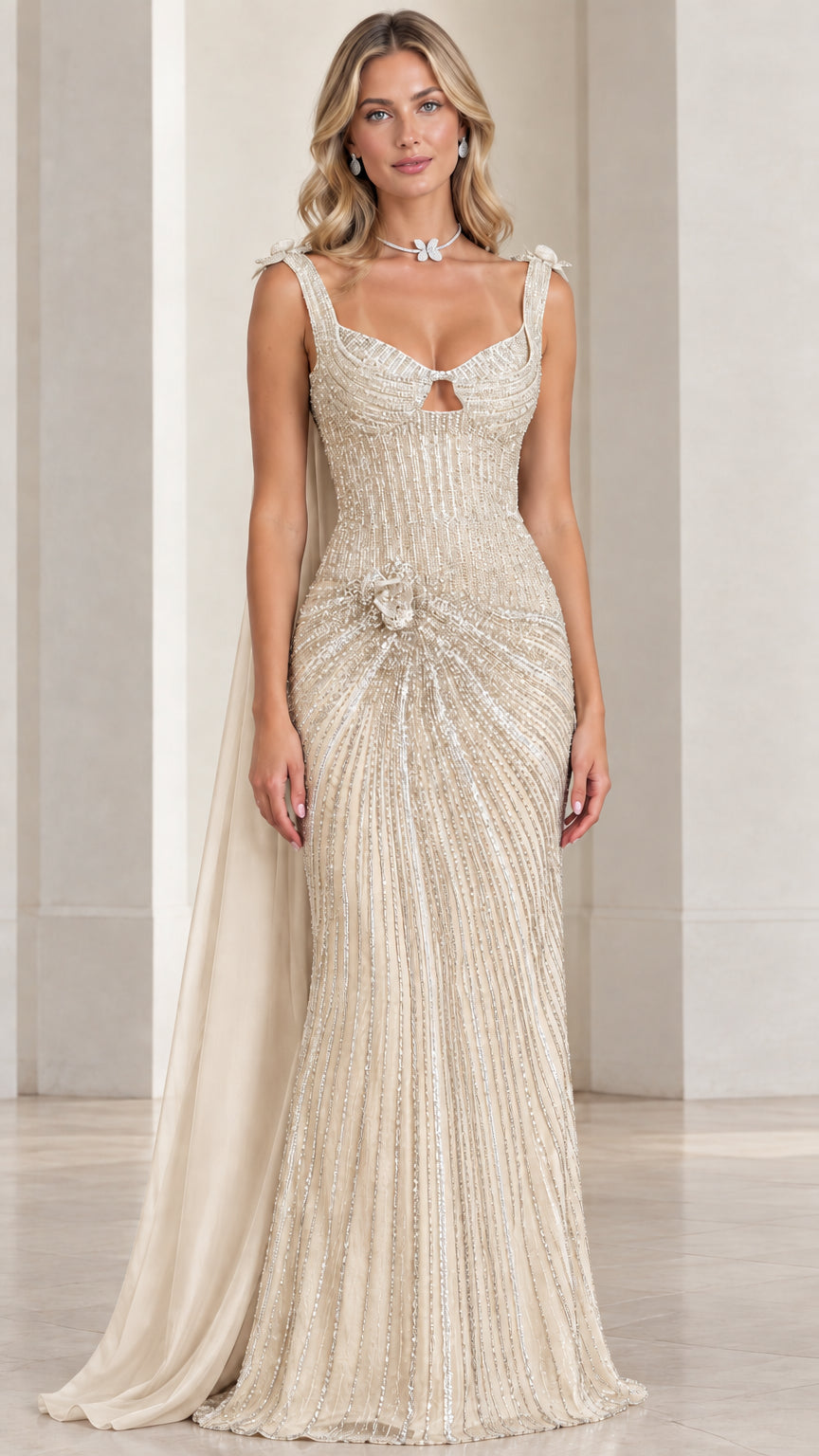 Model wearing champagne gold beaded evening dress with attached sheer cape