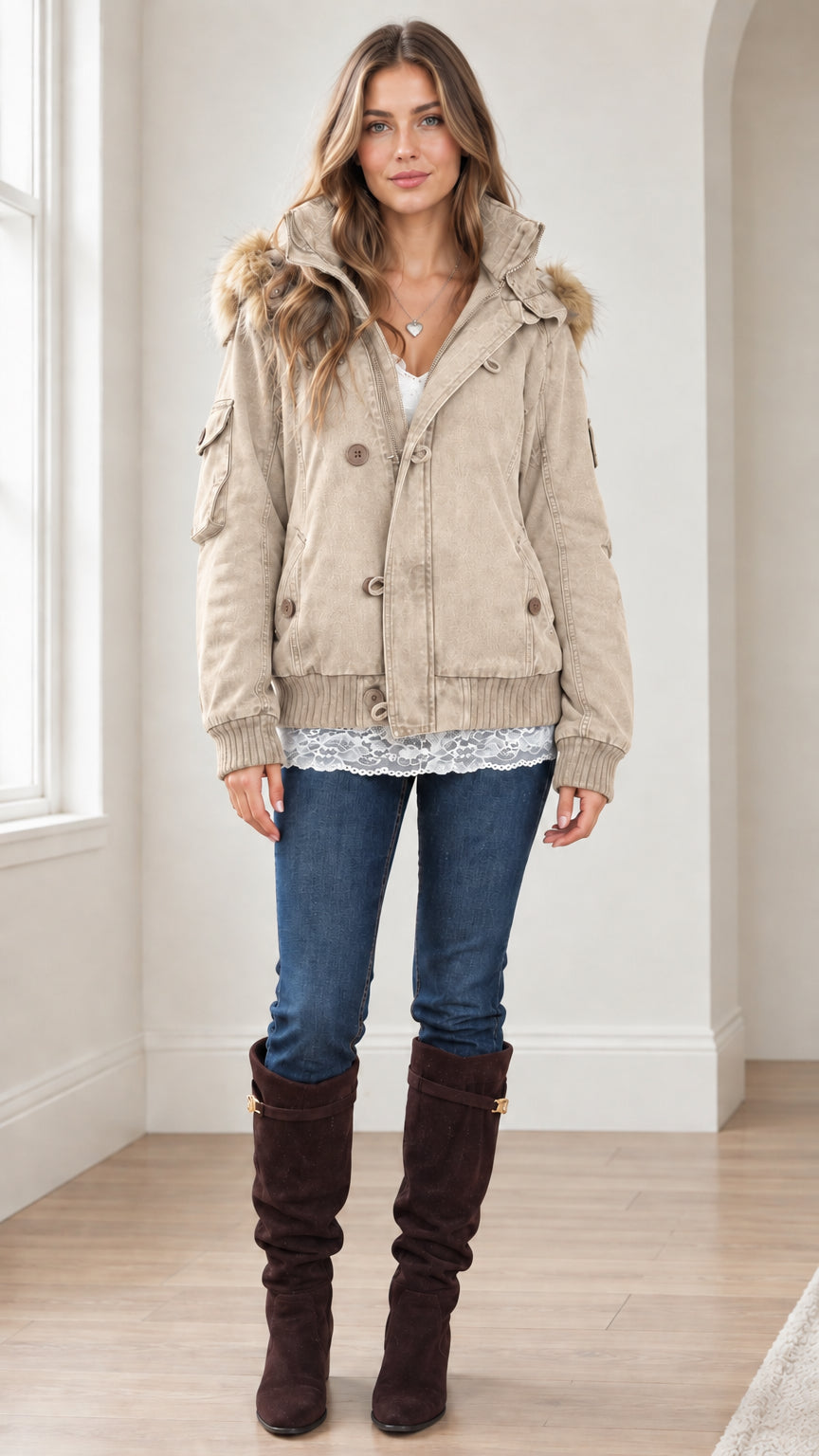Front view of woman wearing Beige faux fur hooded utility bomber jacket