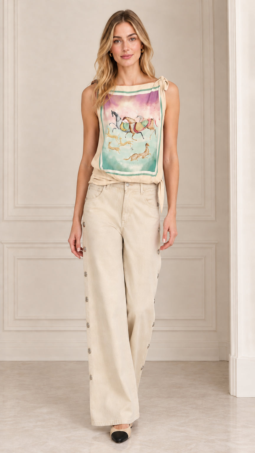 Women's scarf print sleeveless tie shoulder top in beige