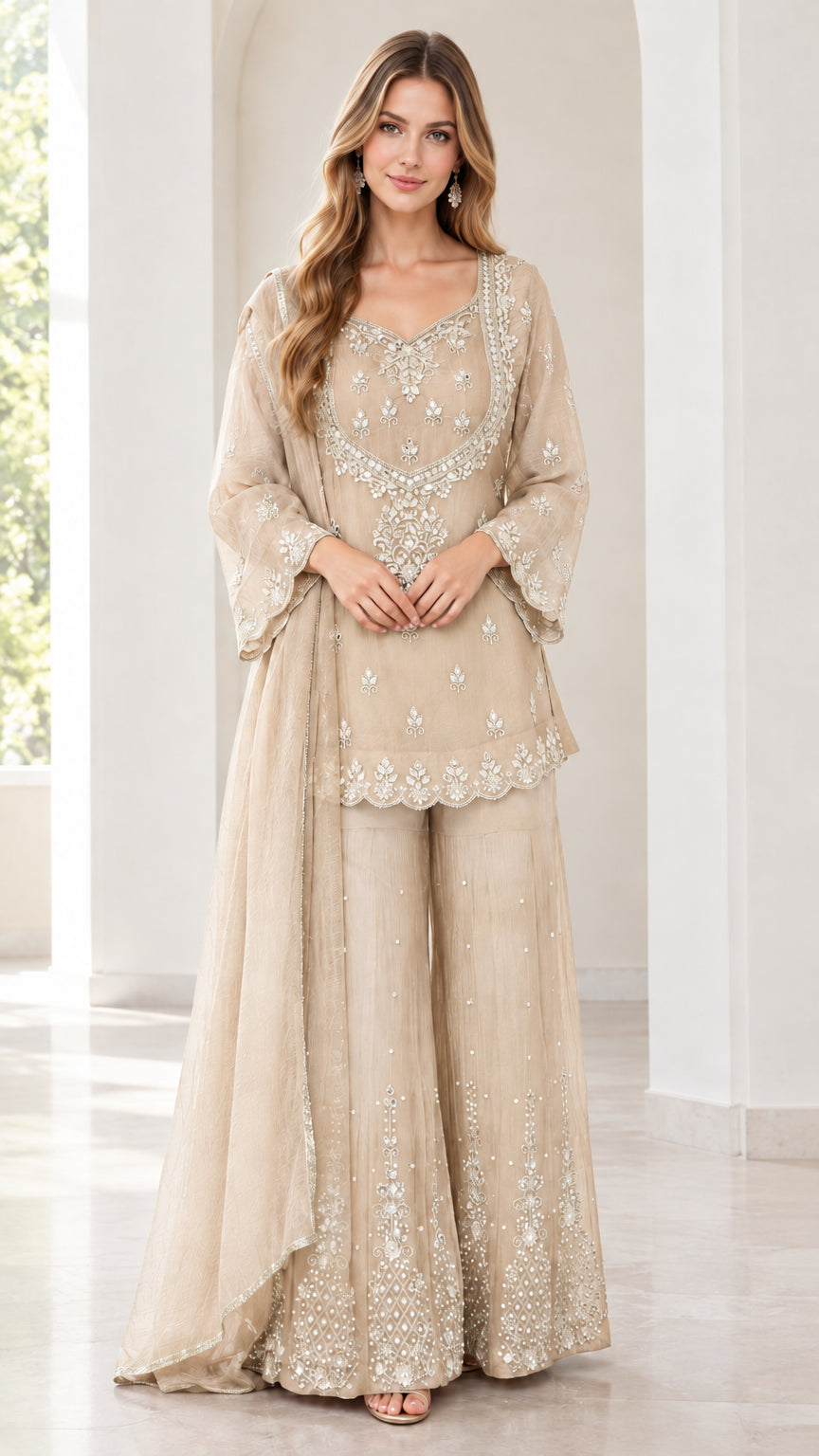 Full front view of women's embroidered champagne beige 3-piece sharara suit set