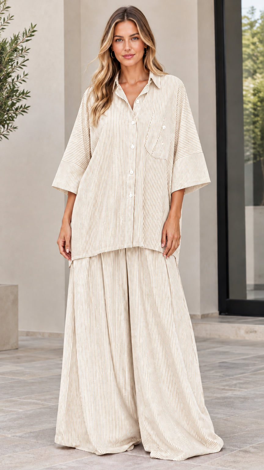 Woman wearing beige and cream vertical striped matching two-piece lounge set