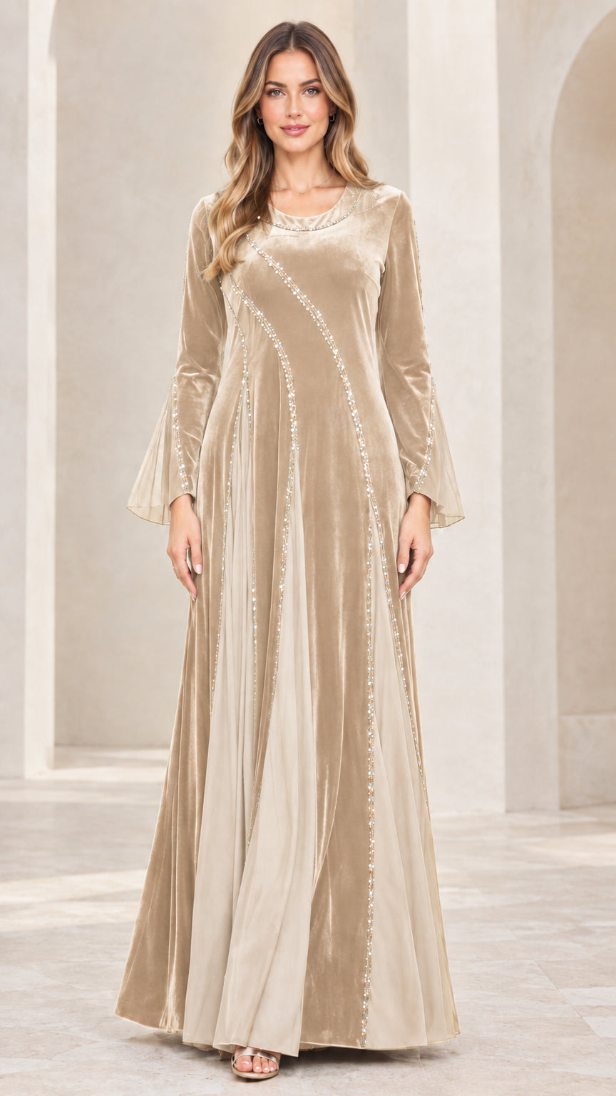Champagne beige velvet embellished bell sleeve maxi dress