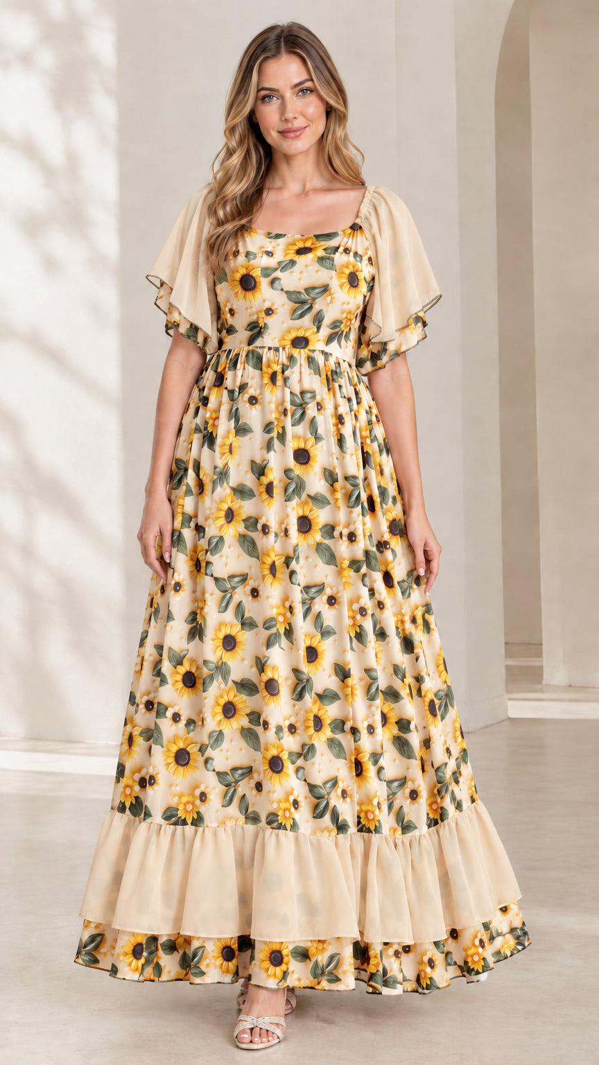 Full front view of beige sunflower print square neck tiered maxi dress