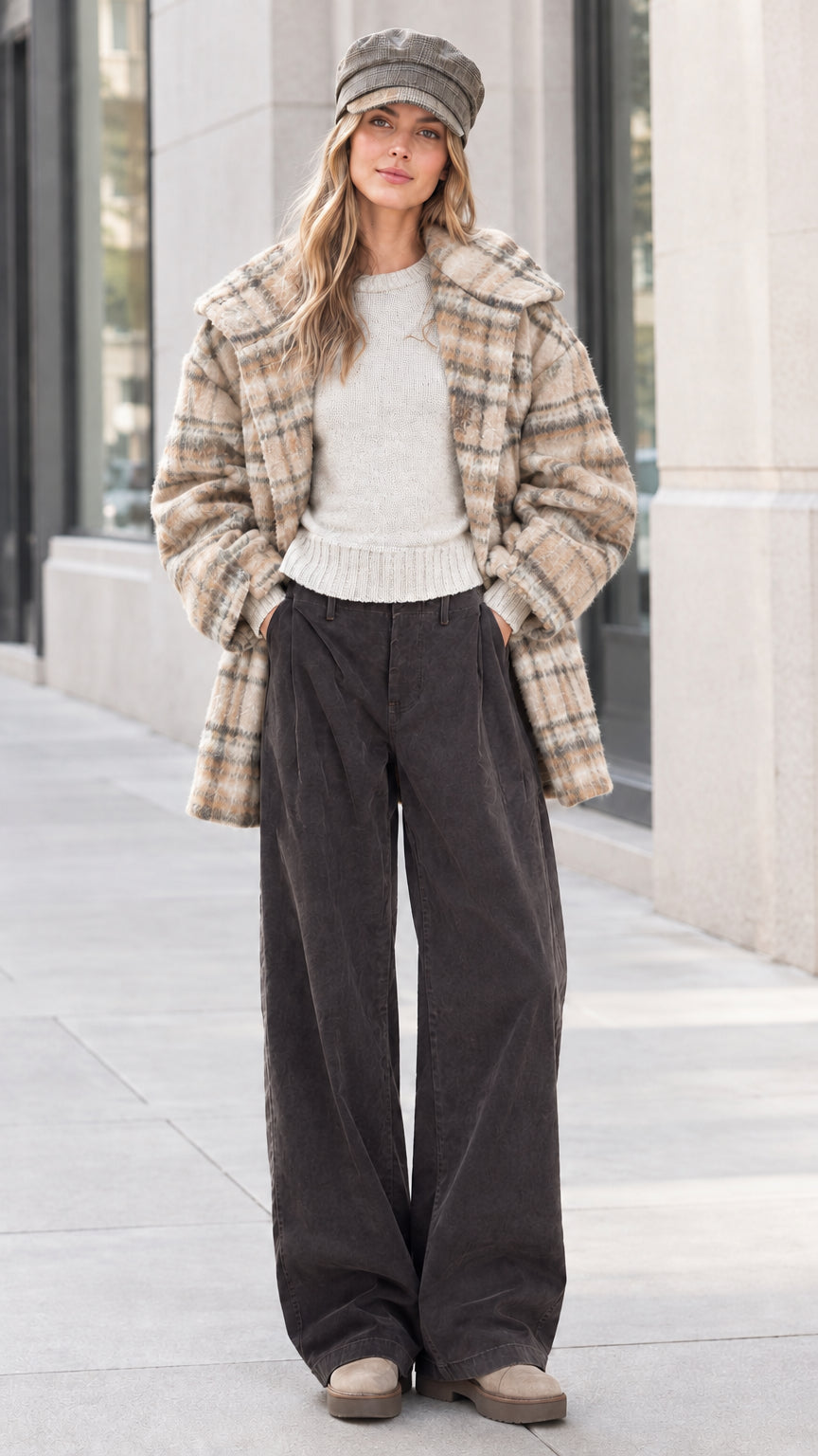 Front view of model wearing beige and cream plaid lapel coat
