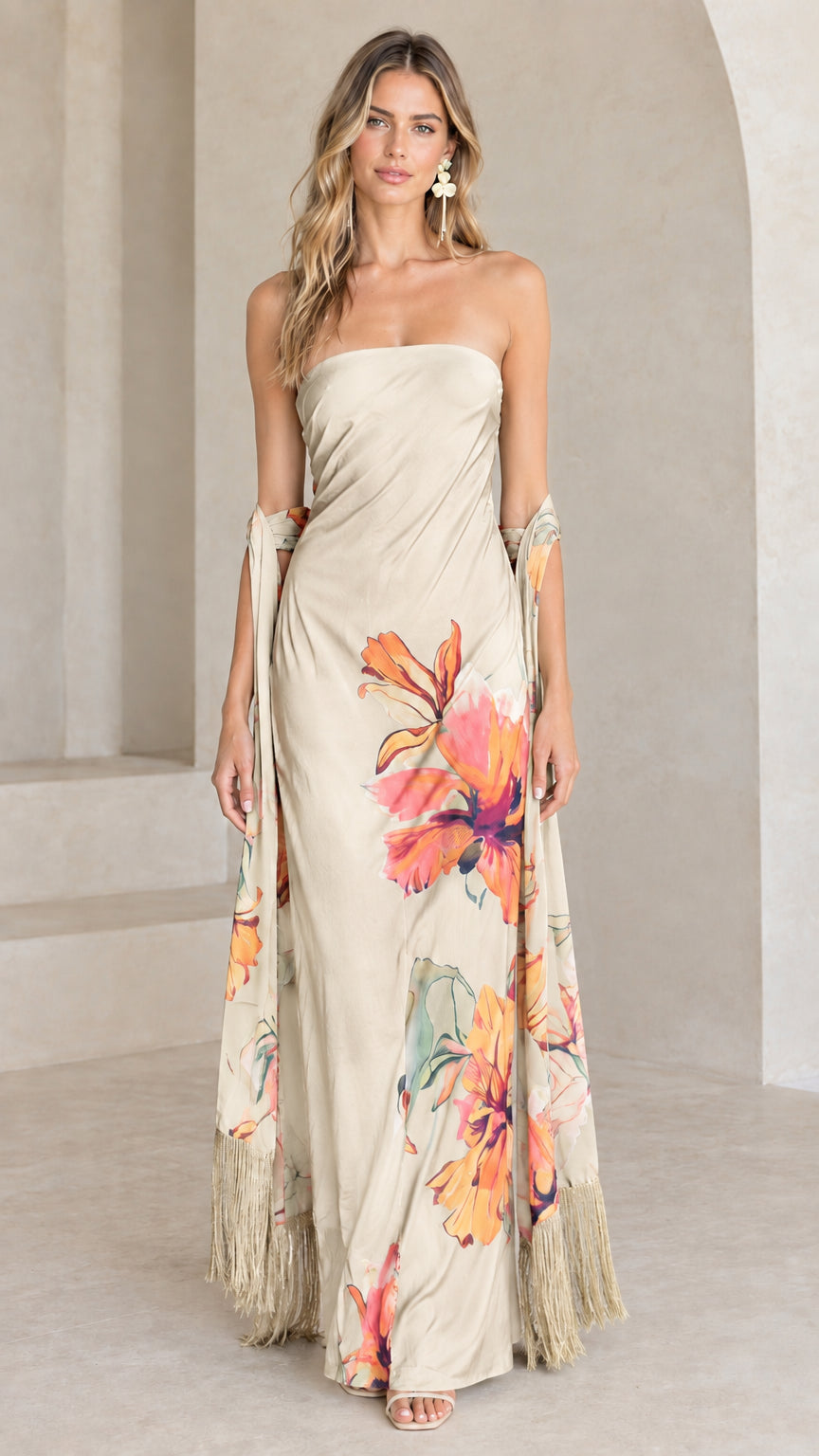 Beige strapless floral maxi dress with matching fringed scarf