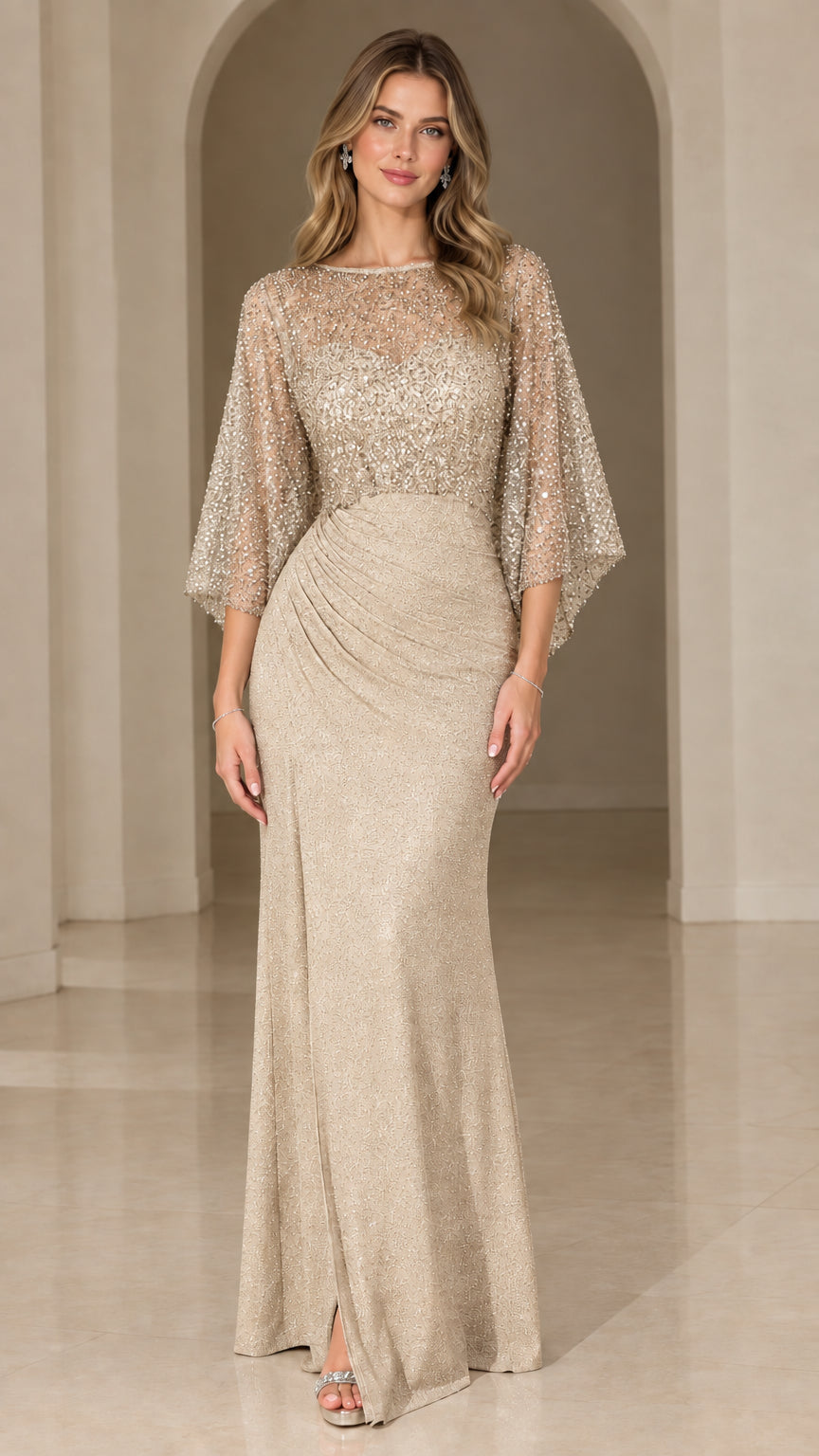 Champagne gold sequined ruched formal evening gown