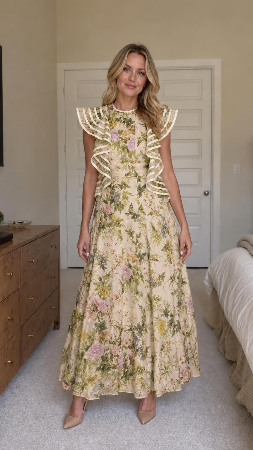 Woman wearing beige floral ruffle maxi dress