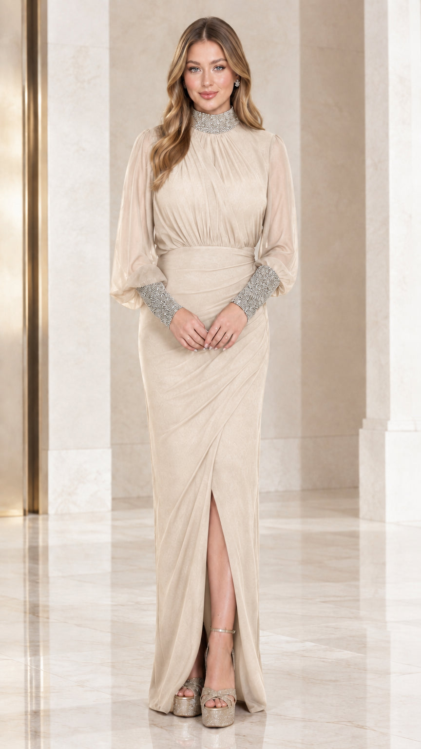 Champagne beige long sleeve beaded mock neck formal maxi dress