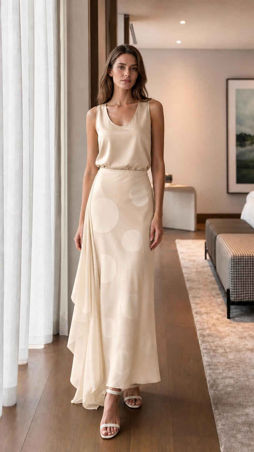 Model wearing champagne satin set