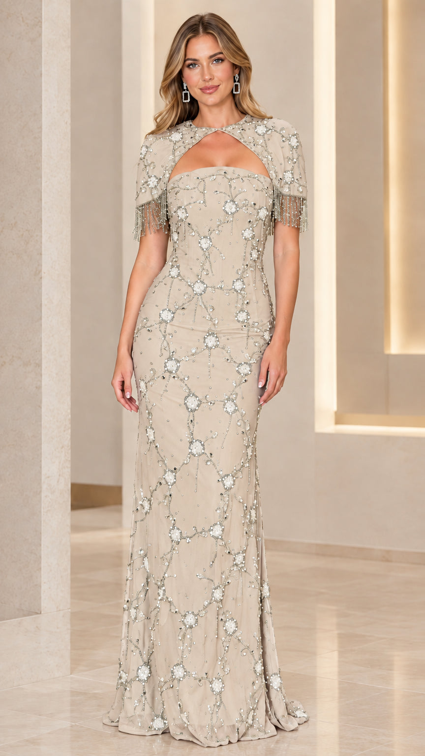 Champagne beaded column evening dress with fringe sleeves
