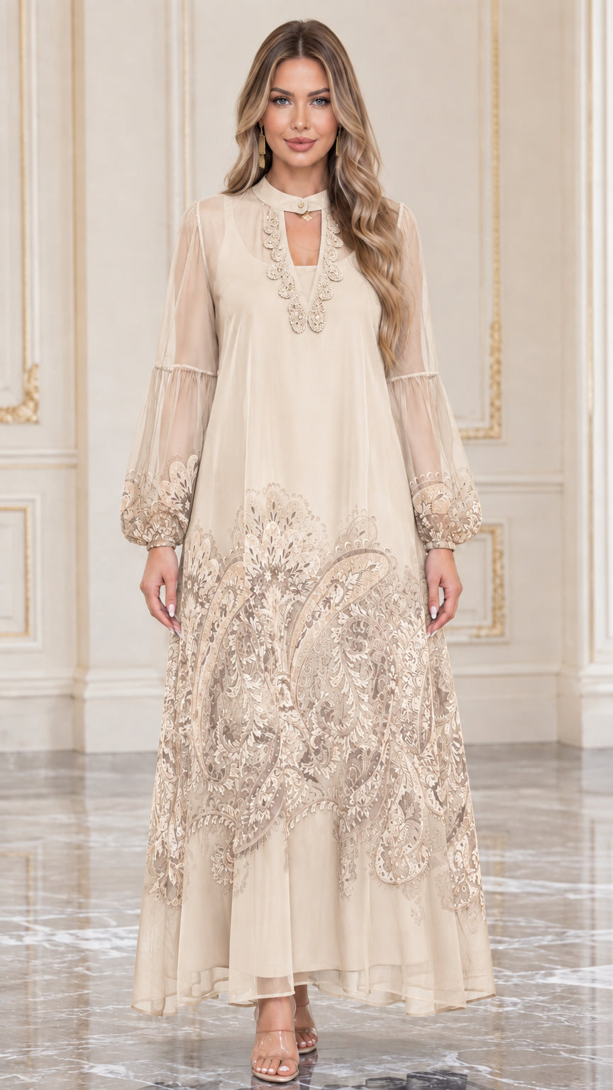 Front full view of champagne beige sheer sleeve paisley maxi dress