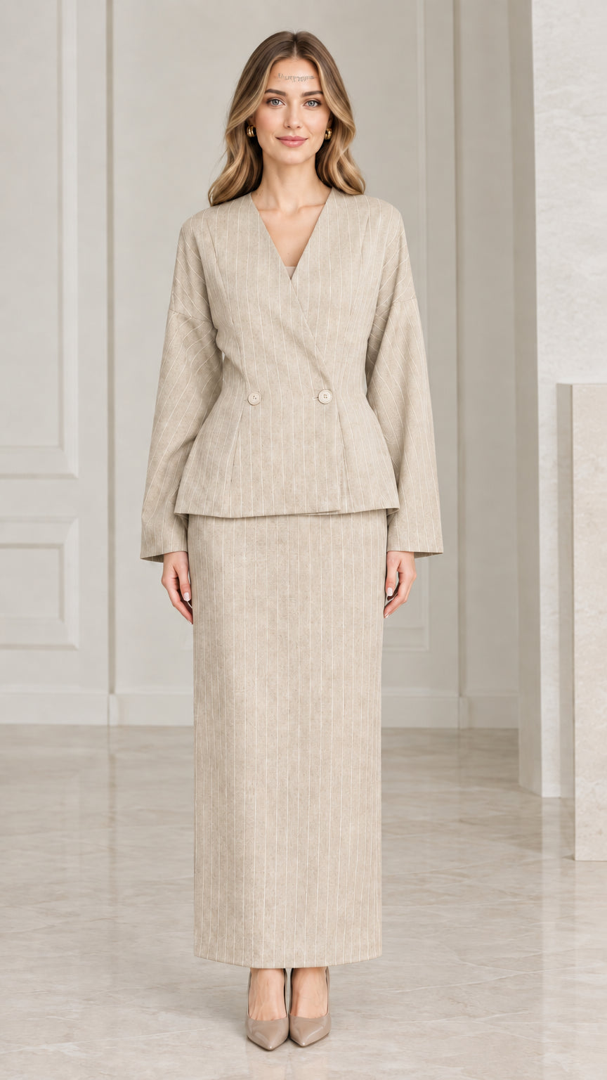 Beige cream pinstripe elegant blazer top and long skirt set