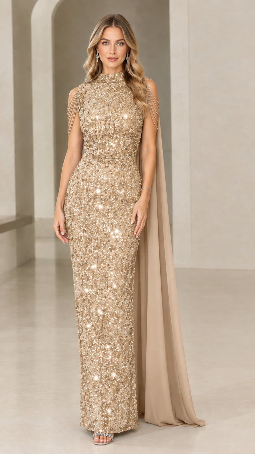 Full-length champagne gold high-neck sequin cape maxi dress