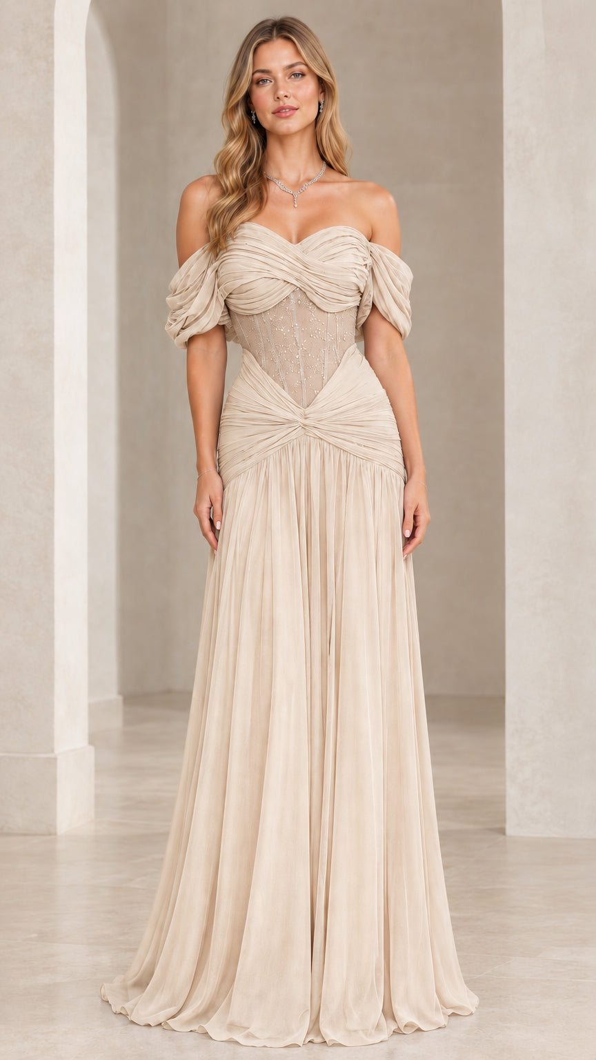 Full front view of woman wearing the Champagne corset ruched chiffon evening gown