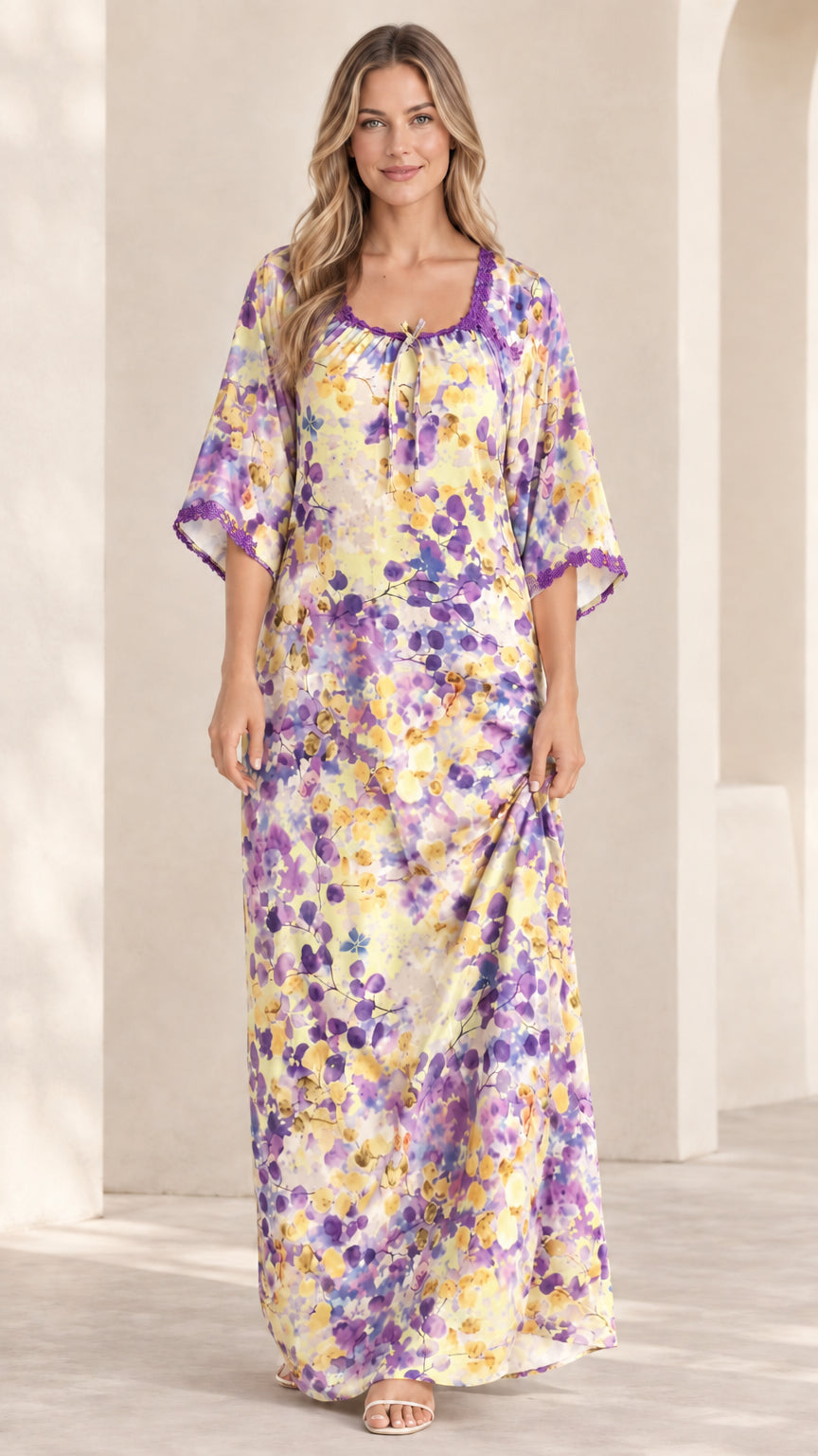 Front view of lilac pastel floral kaftan maxi dress with lace trim