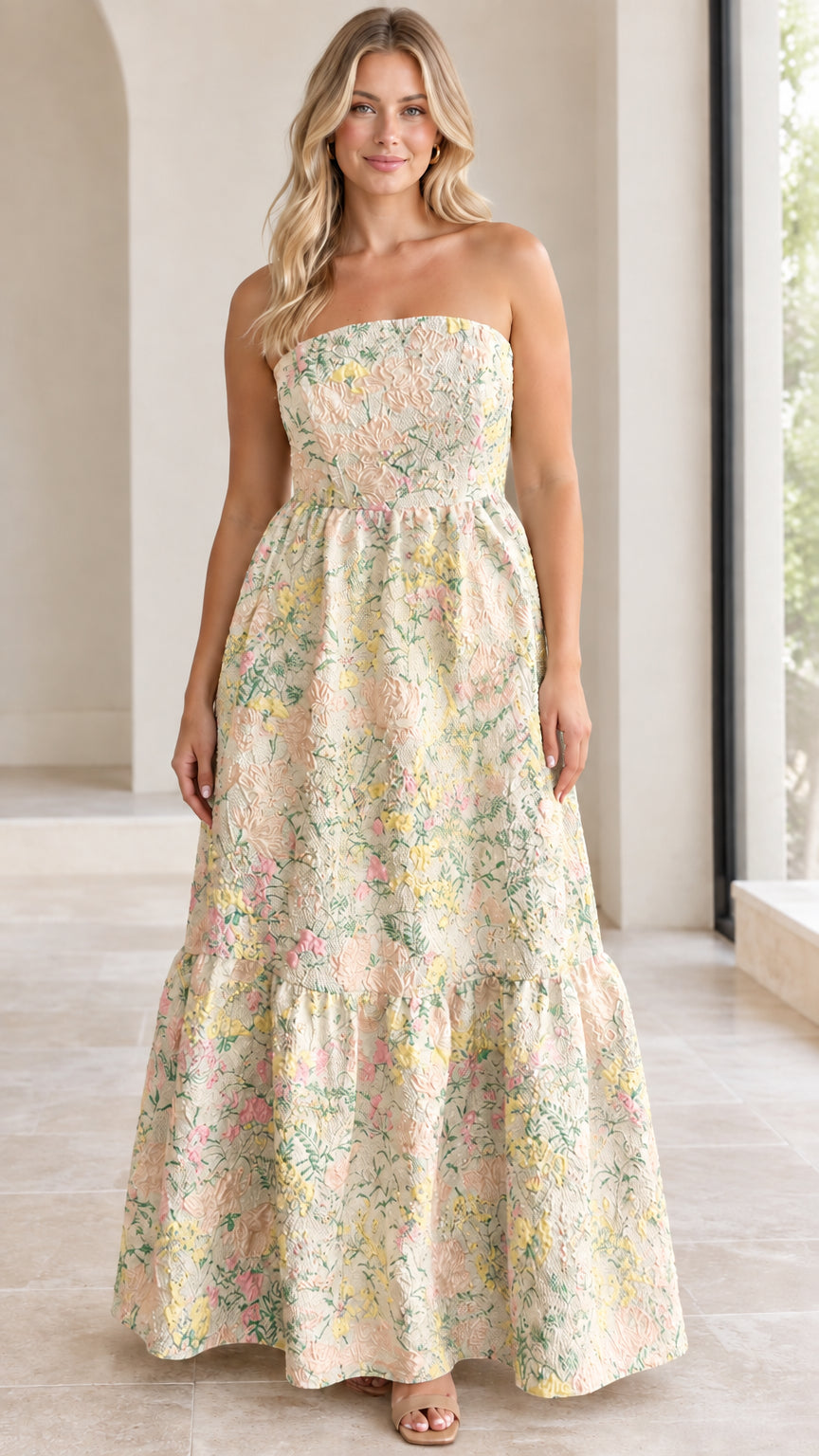 Front full view of strapless floral jacquard maxi dress in champagne yellow
