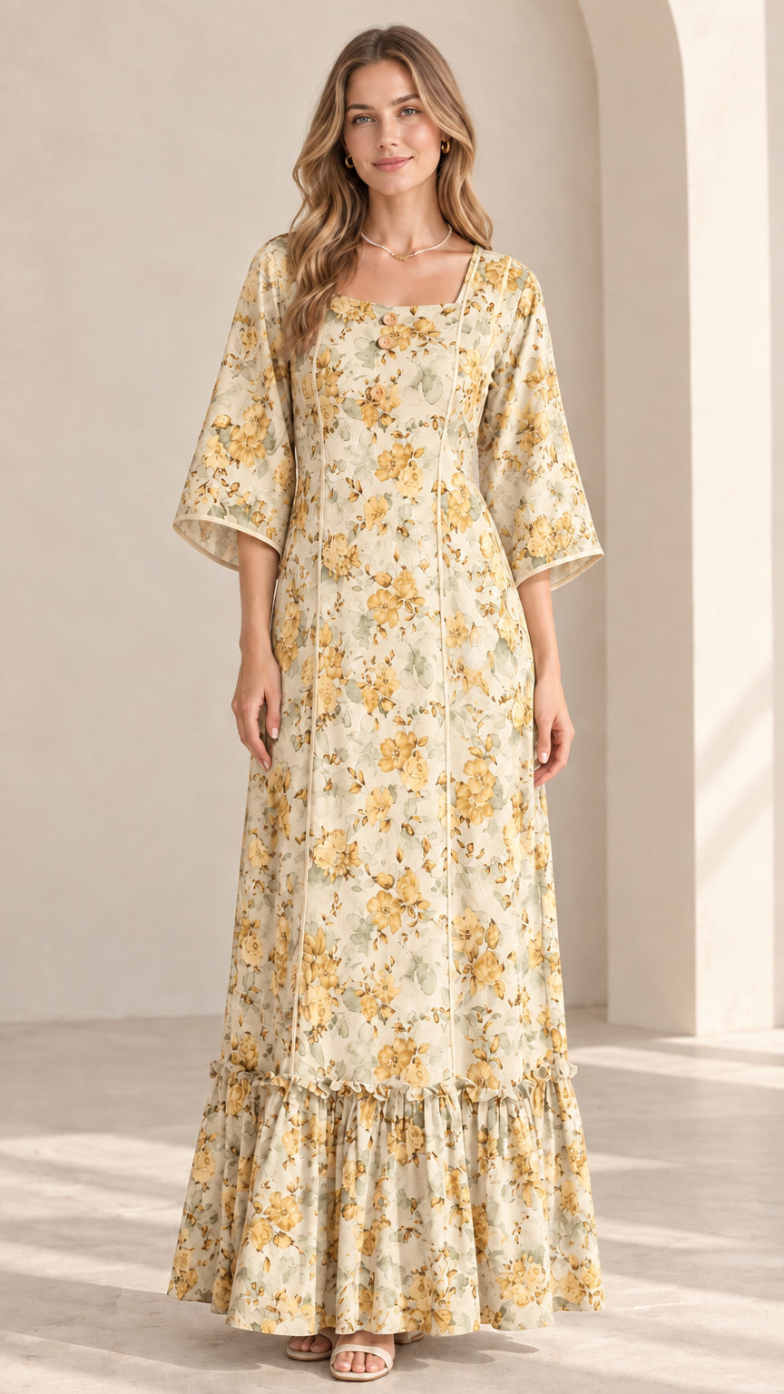 Model wearing Cream floral square neck maxi dress with bell sleeves