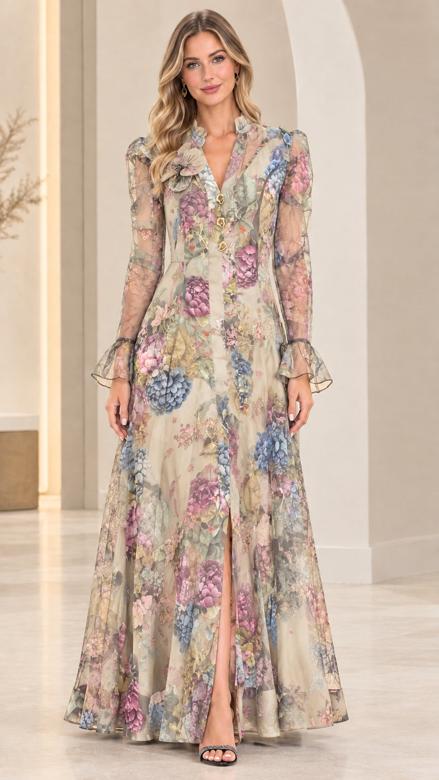 Champagne cream floral print sheer long sleeve maxi dress