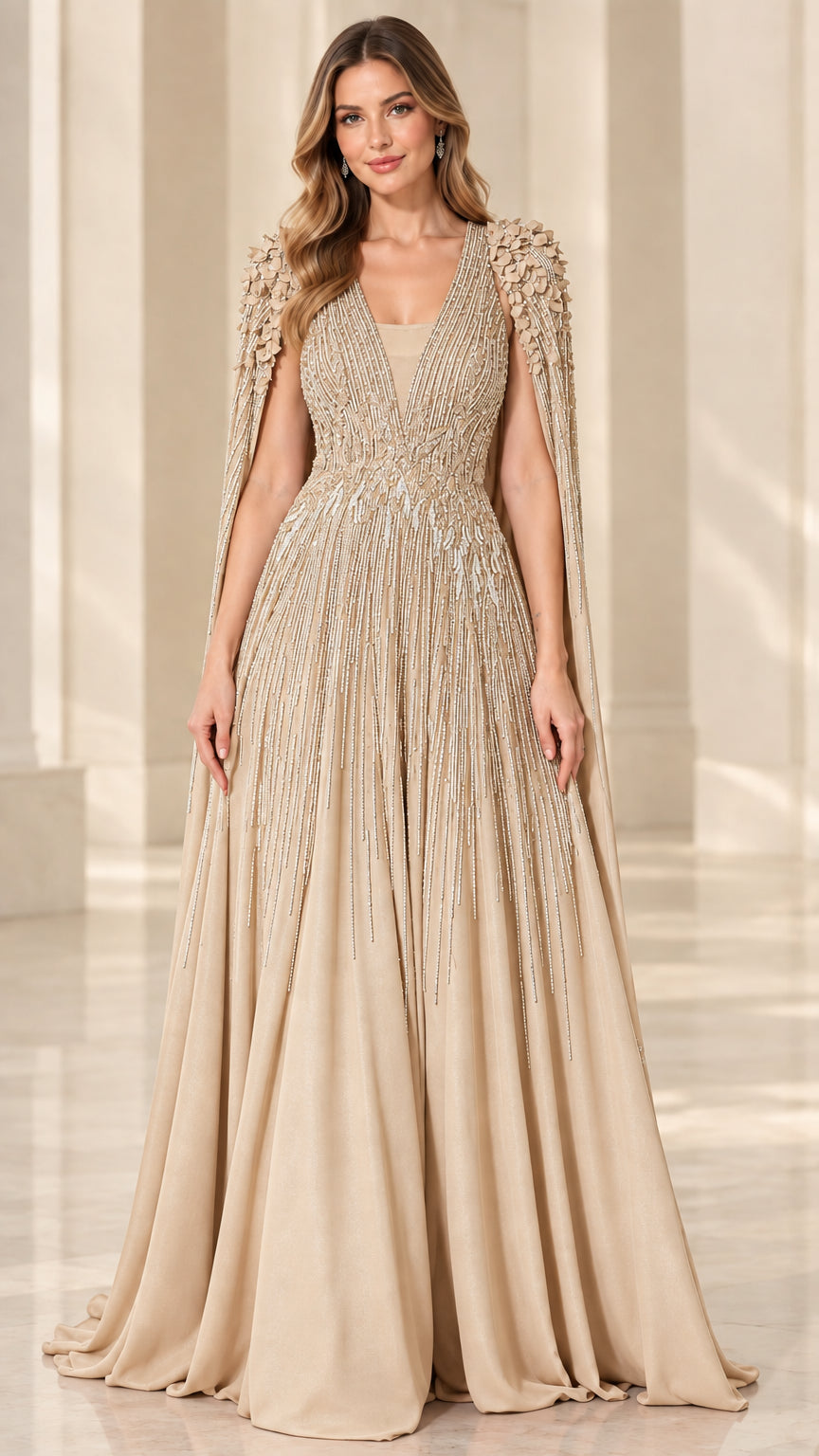 Champagne gold embellished cape sleeve evening gown